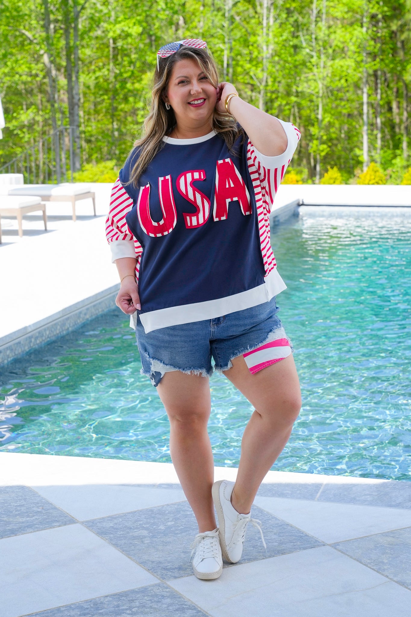 Restock! USA Lettering Patchwork Short Sleeve Pullover Top