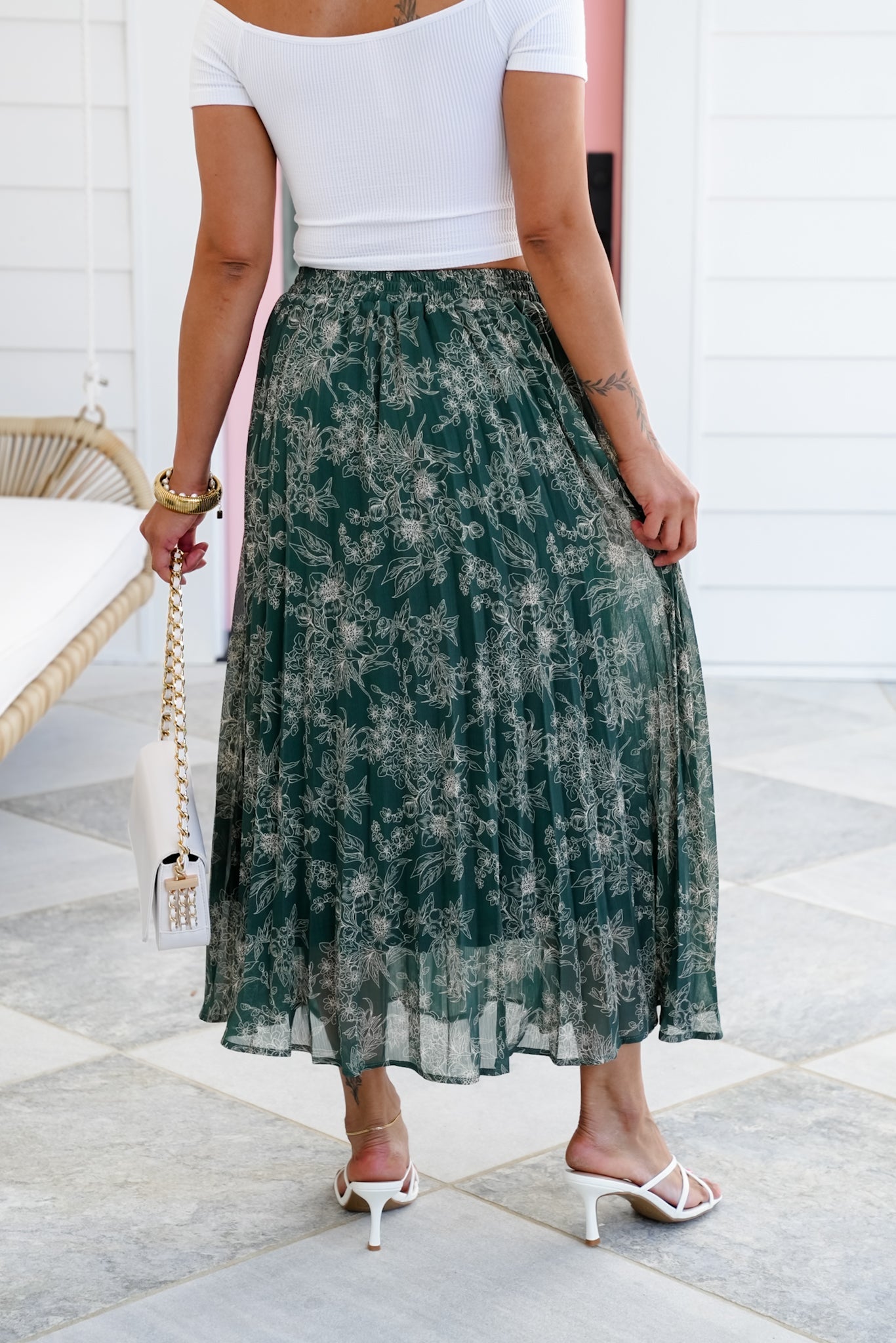 Green Floral Elastic Waist Pleated Long Skirt