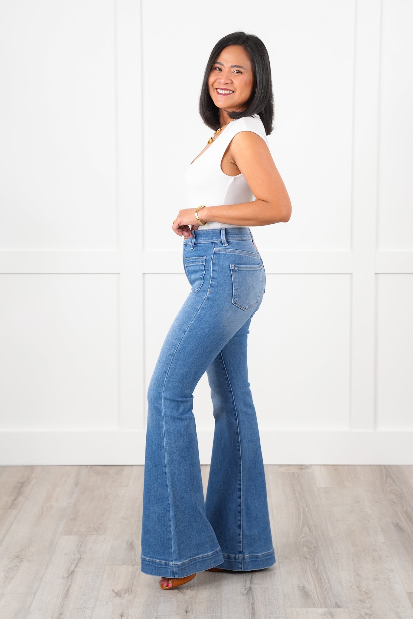 Risen High Rise Medium Wash Elastic Waistband Flare Front Patch Pocket Jeans