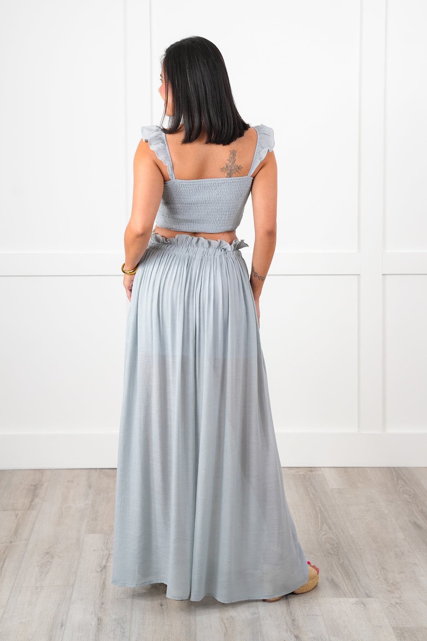Sleeveless Smocked Crop Top with Flowy Elastic Waistband Maxi Skirt Set