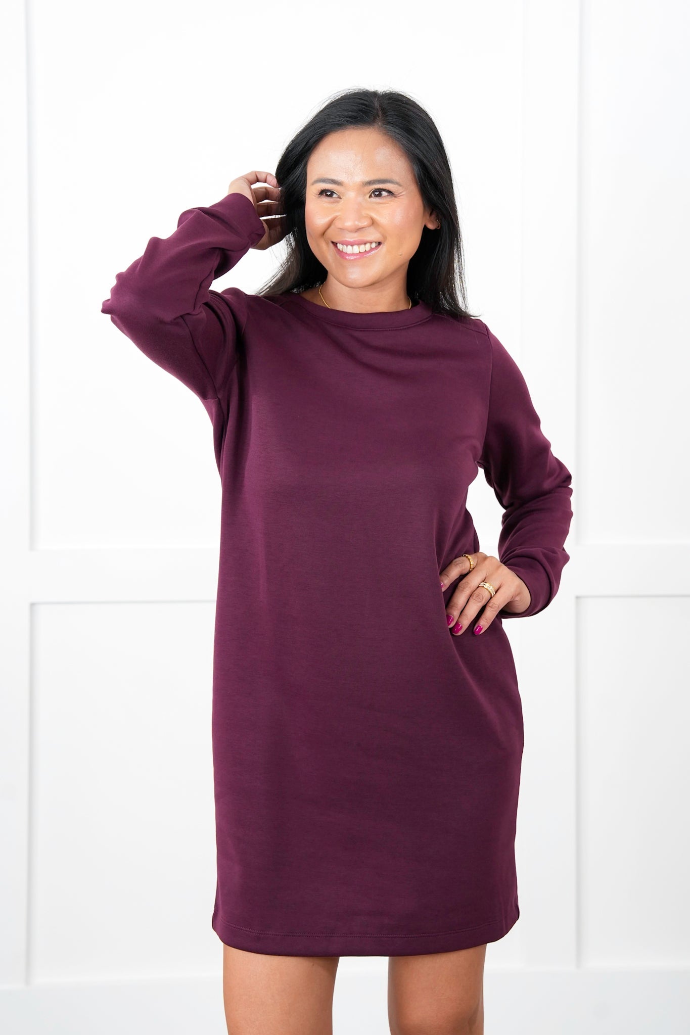 Door Buster!! Plus/Reg Solid Long Sleeve Crew Neck Sweatshirt Dress