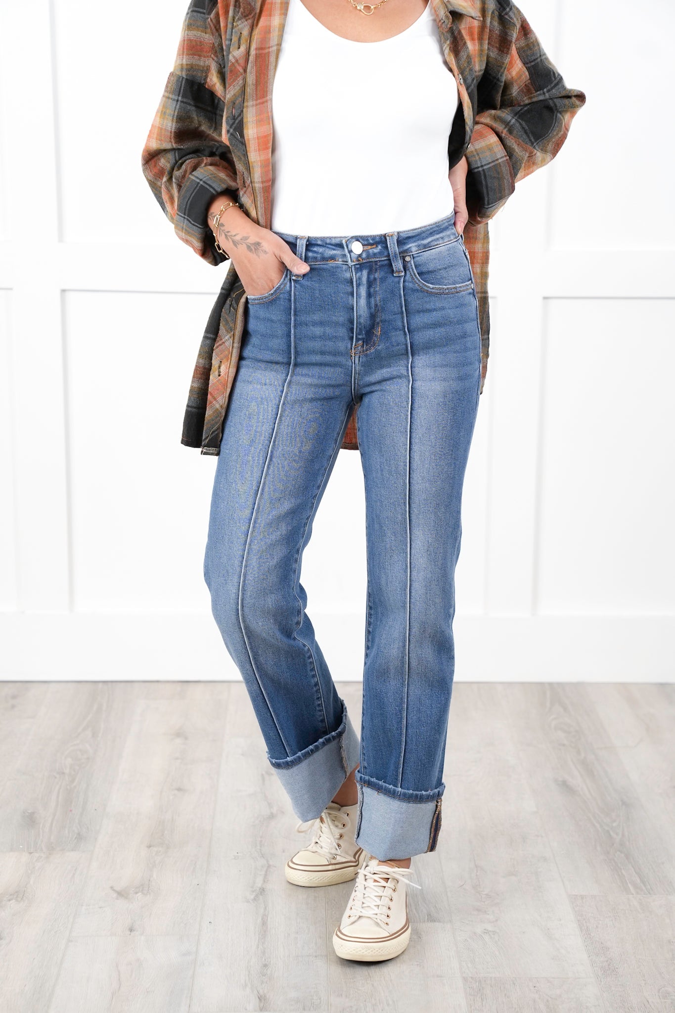 Risen High Rise Medium Wash Wide Leg Straight Cuffed Ankle Jeans