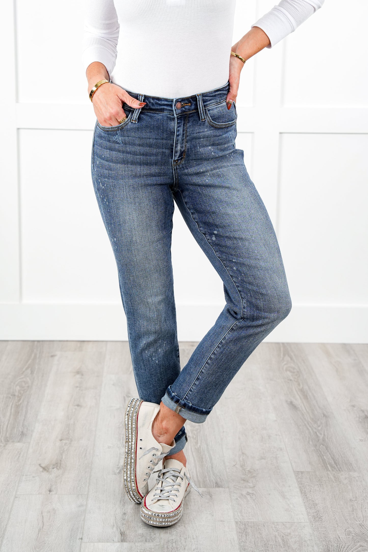 Judy Blue Bethany Bleach Dark Wash High Rise Bleach Splash Boyfriends
