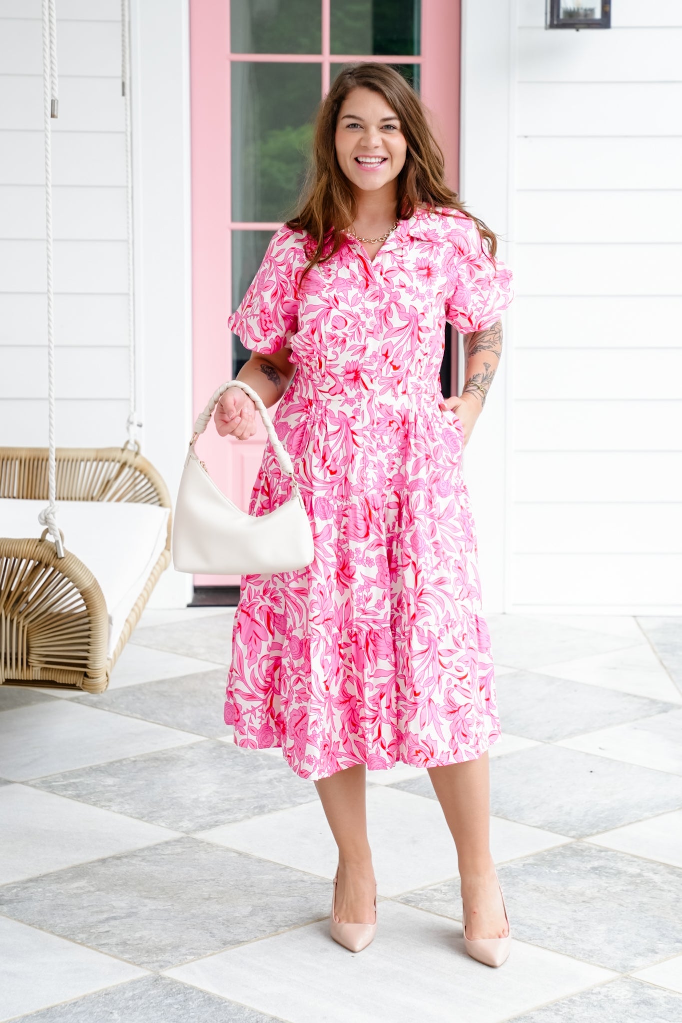 Pink Floral Print Short Balloon Sleeve Button Up Dress