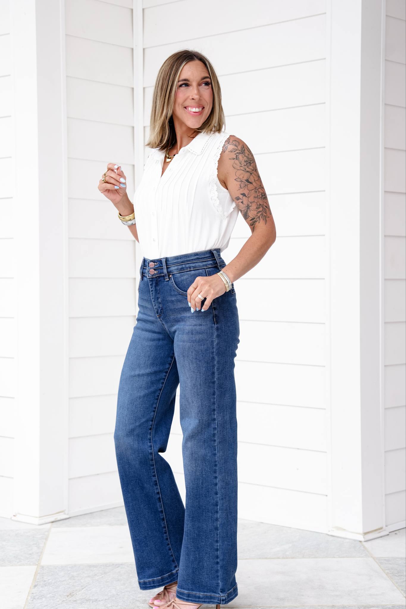 Risen Material Girl High Rise Medium Wash Tummy Control Double Button Elastic Waistband Jeans
