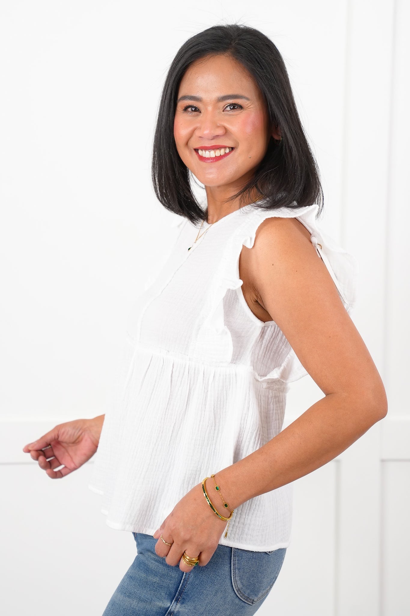 White Gauze Ruffle Sleeve Baby Doll Top