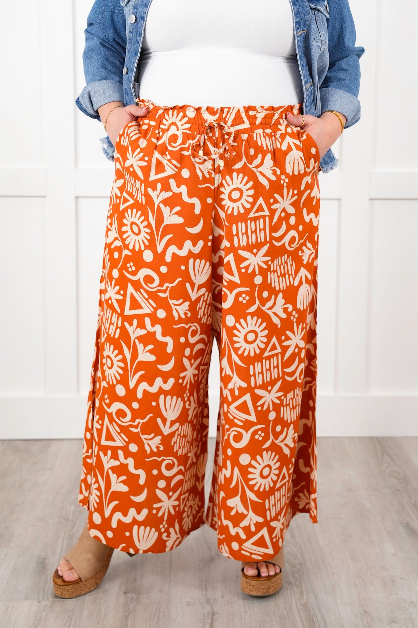 Plus/Reg Tropical Print Elastic Waist Wide Leg Pants