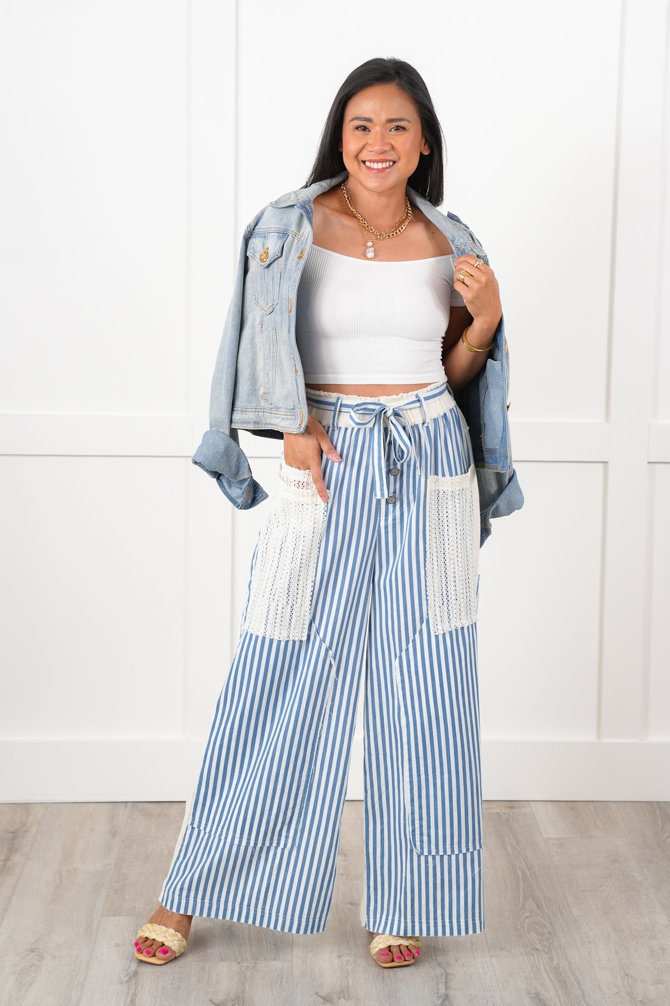 POL Stripe Woven Pants with Crochet Detail