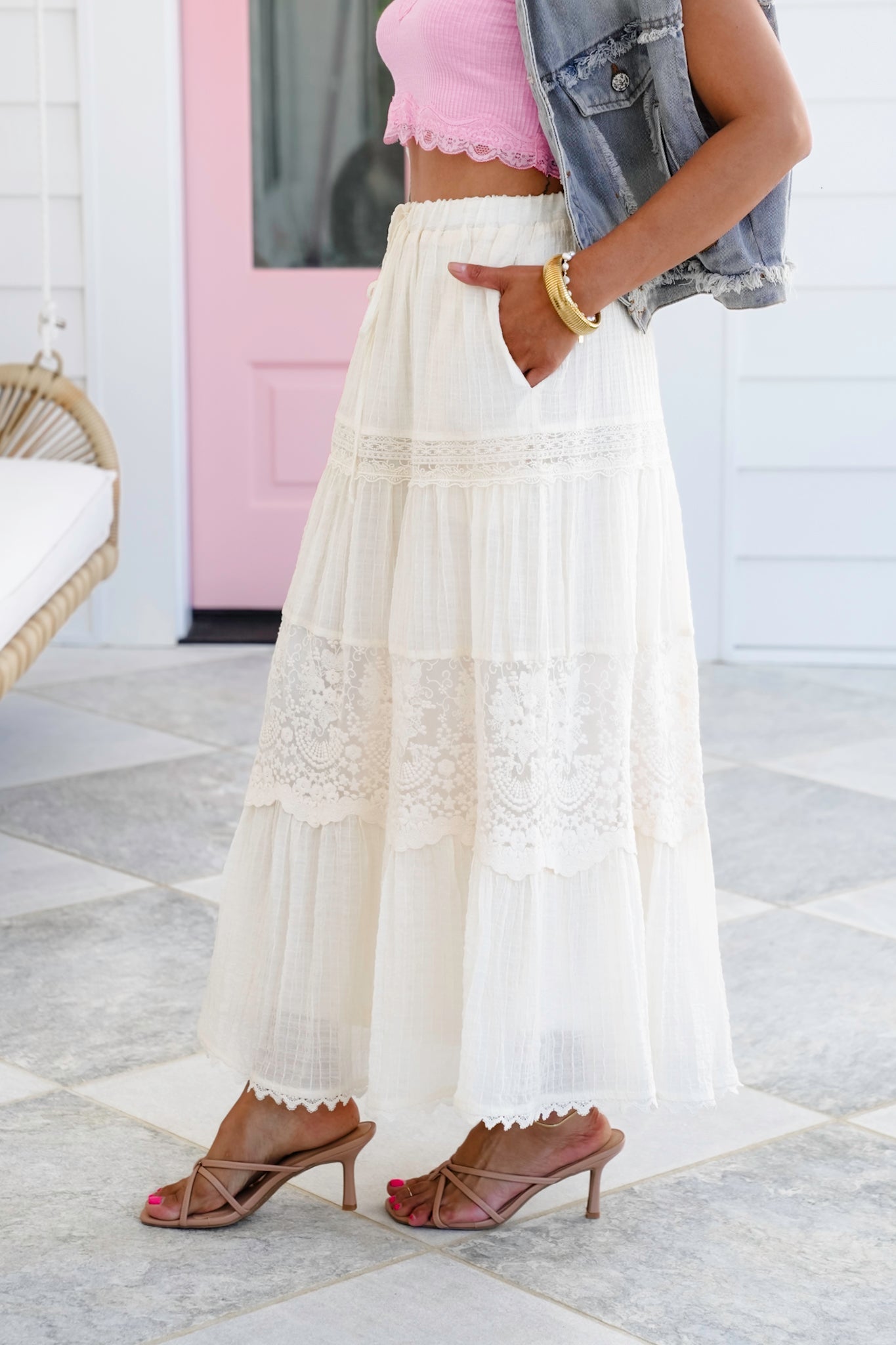Elastic Waist Midi Skirt with Lace Detail
