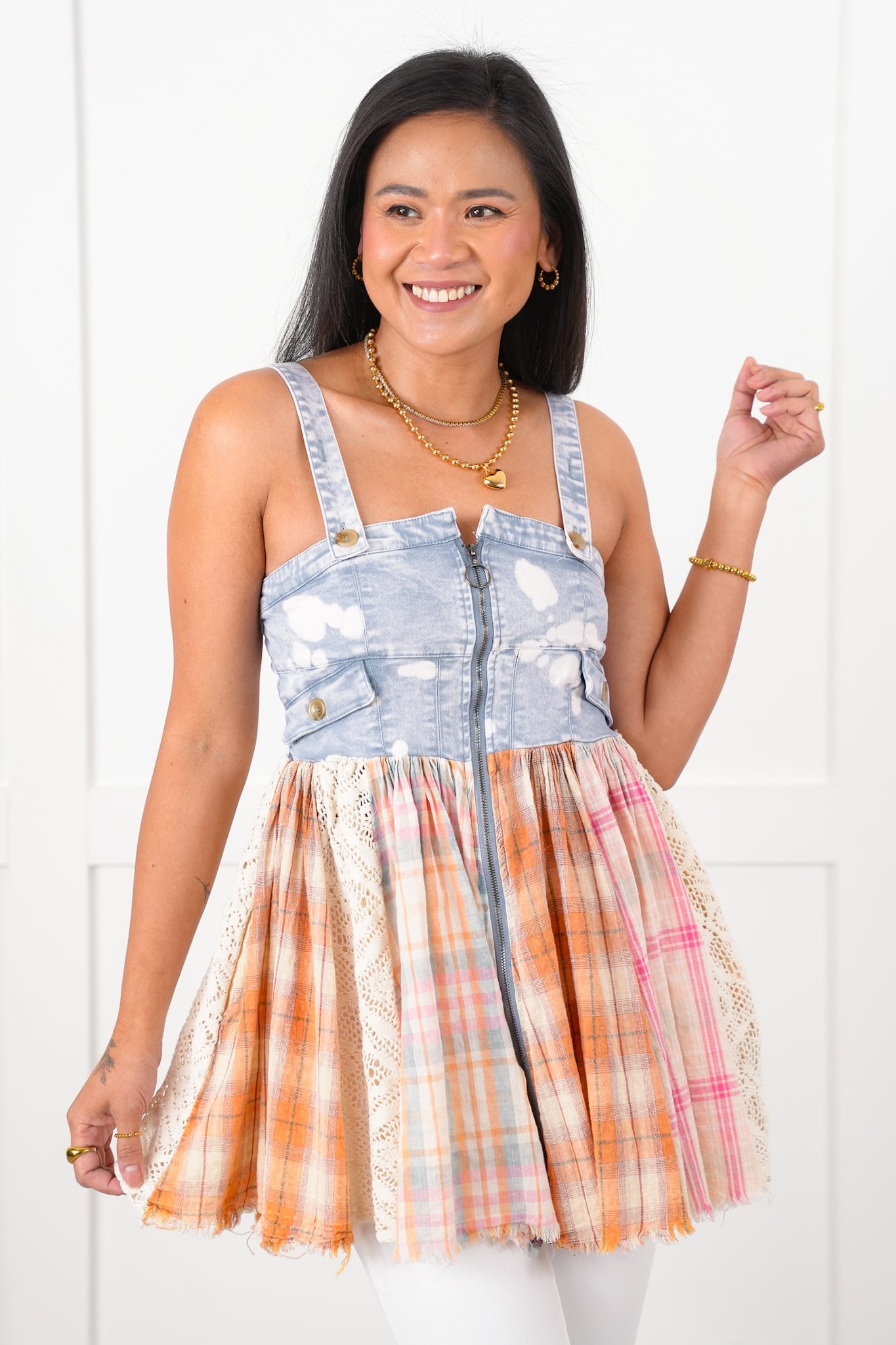 Bleached Sleeveless Zip Up Baby Doll Top with Plaid and Lace Detail