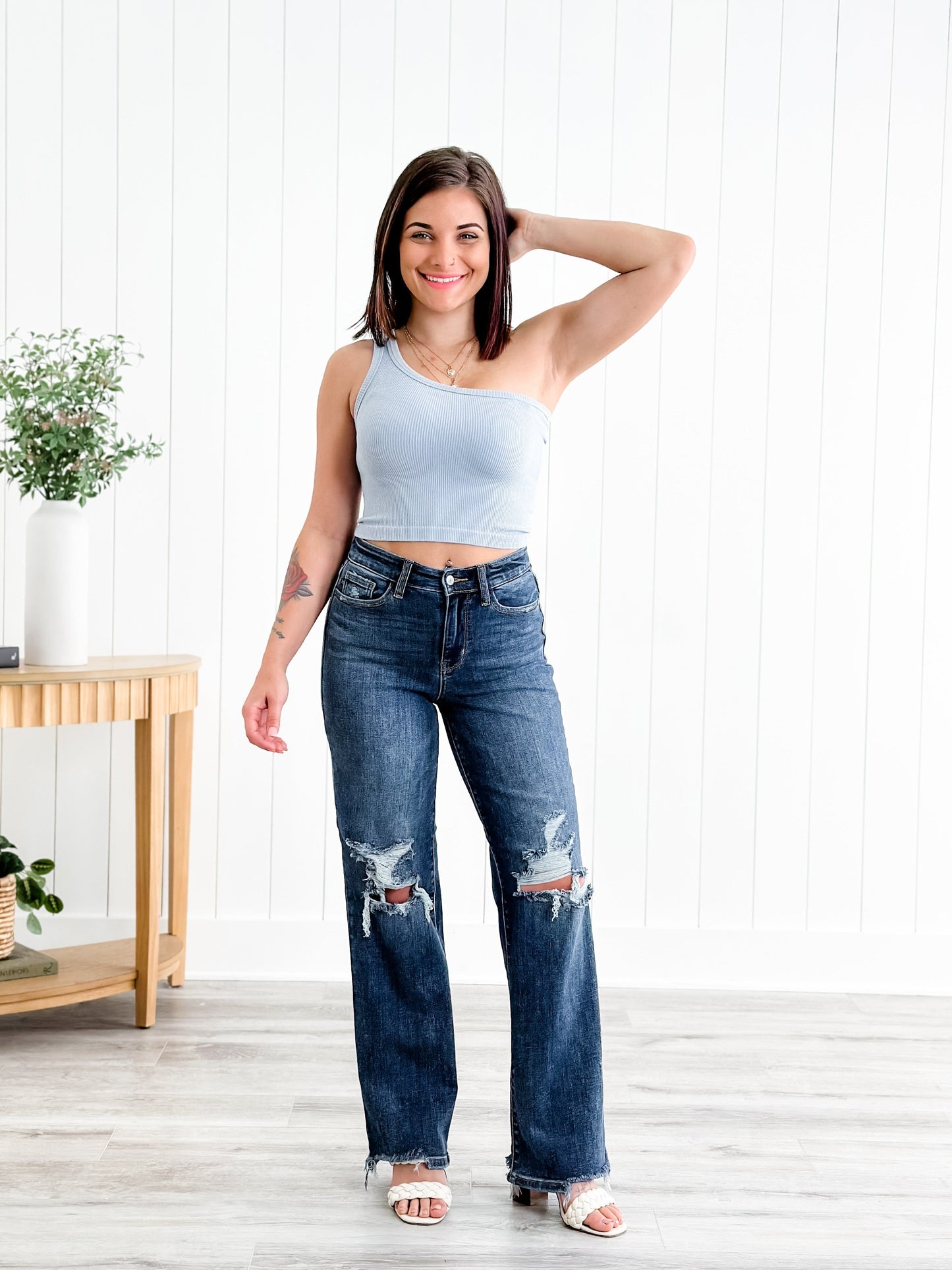Judy Blue Jagged Little Pill High Rise Dark Wash 90's Destroyed Knee Straight Leg Jeans