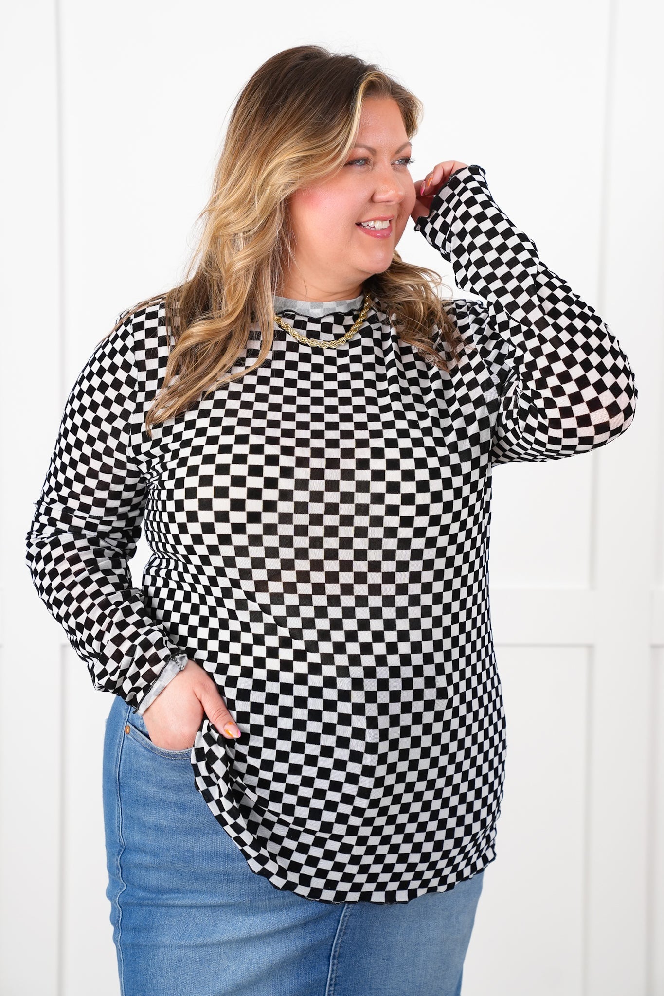 Plus/Reg Checkered Long Sleeve Mock Neck Mesh Top
