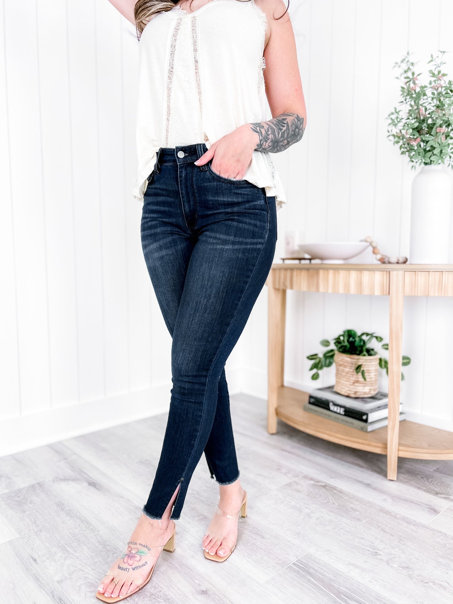 Judy Blue Dark Wash High Rise Side Slit Raw Hem Skinny Jeans