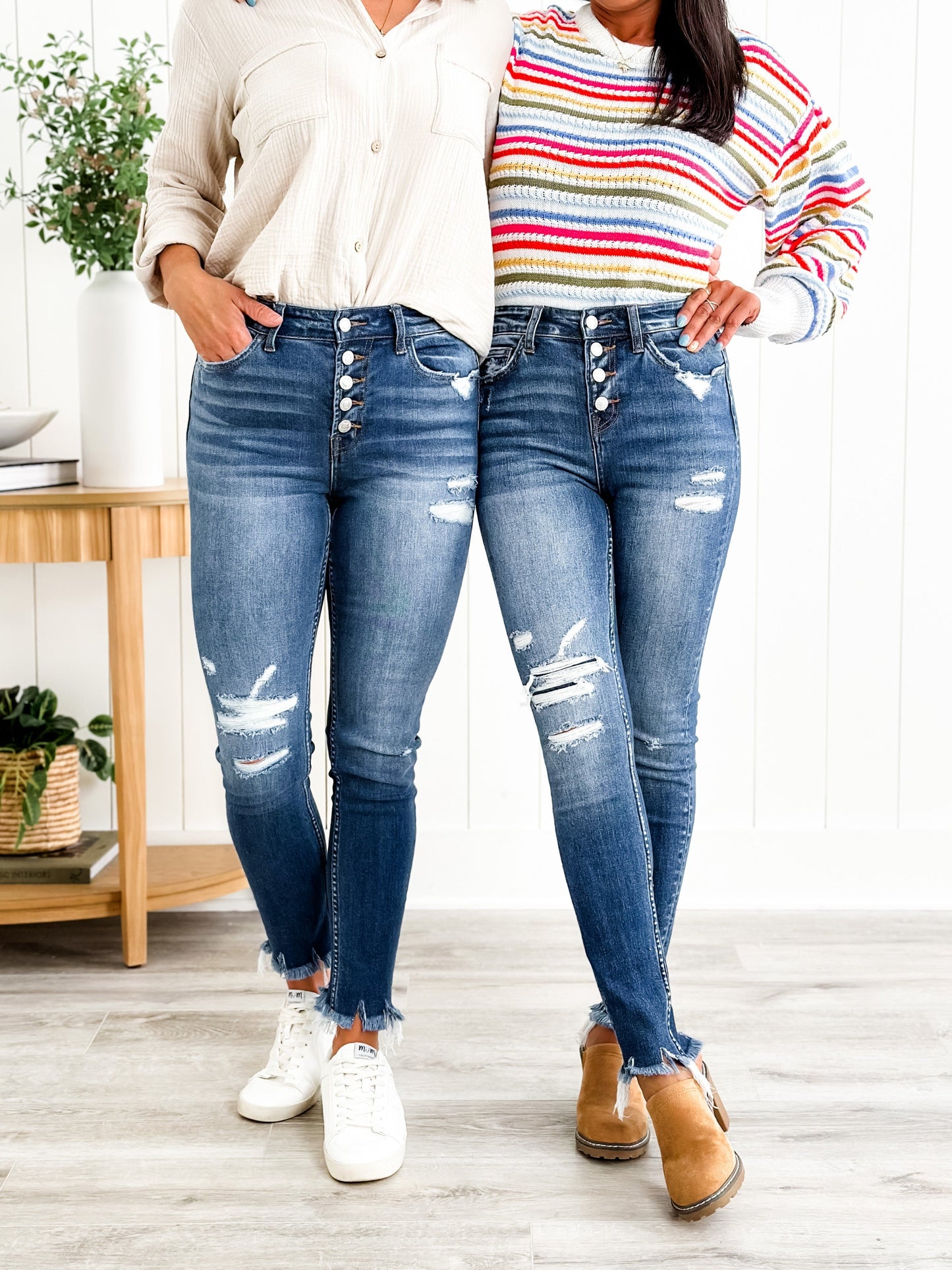 Vervet Parkside Medium Wash Distressed Button Down Skinny Jeans with Raw Ankle Hem