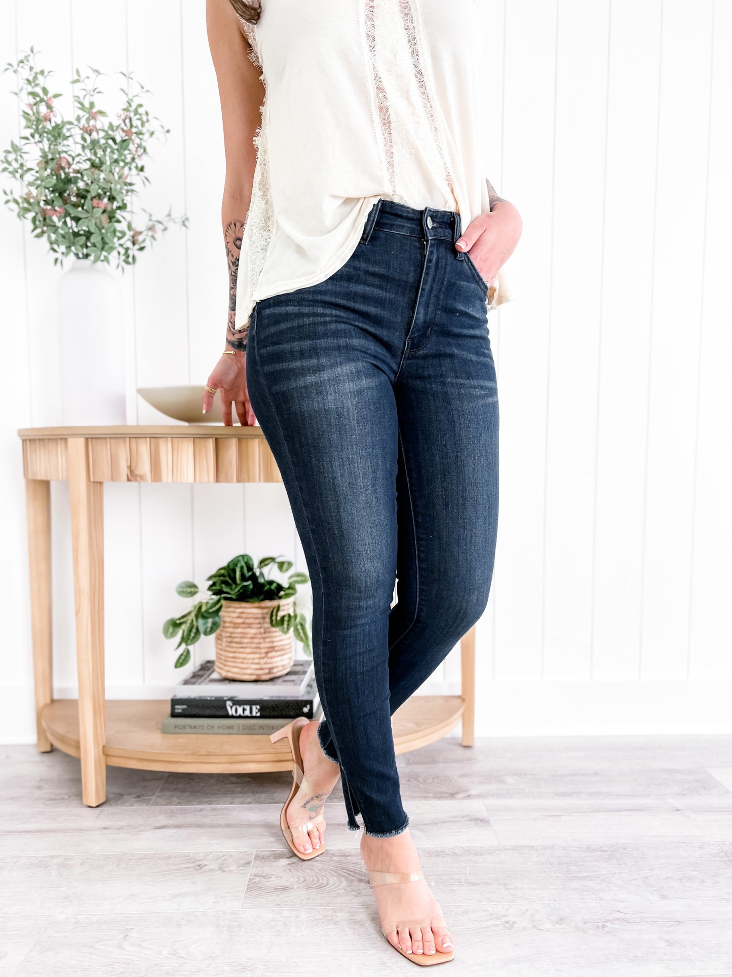 Judy Blue Dark Wash High Rise Side Slit Raw Hem Skinny Jeans