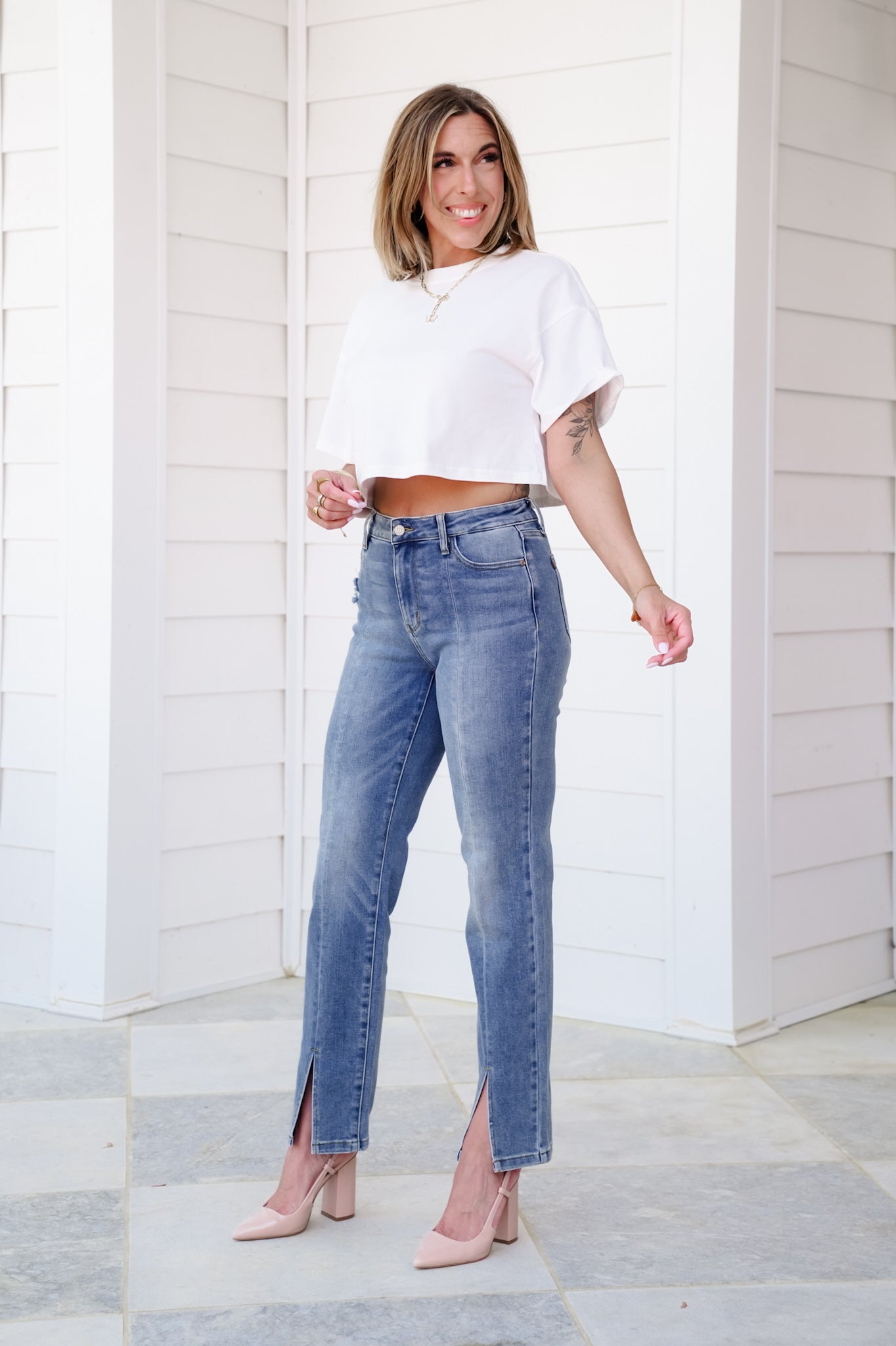Judy Blue High Rise Medium Vintage Wash Straight Leg Jeans with Front Seam and Slit