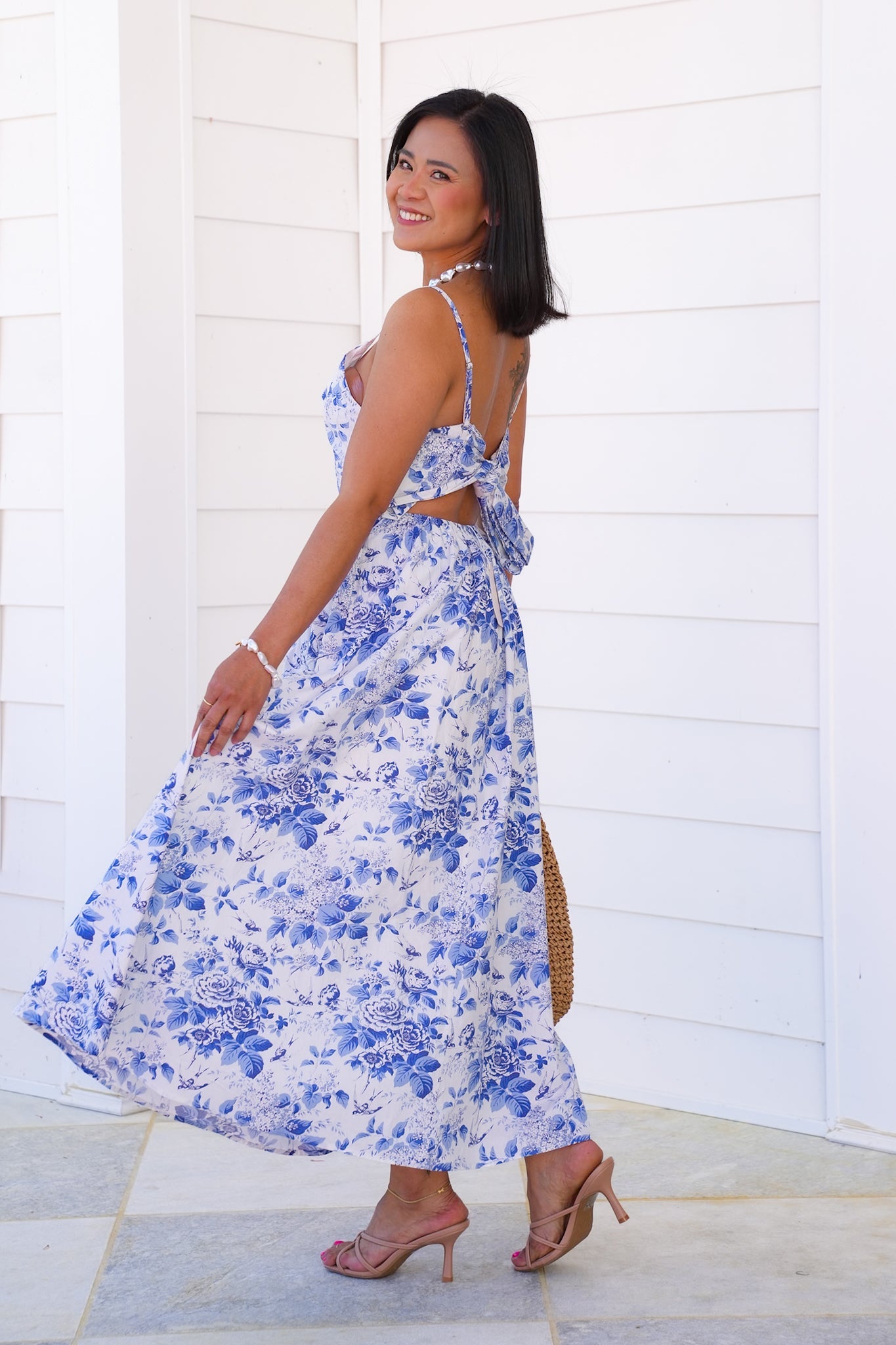 Blue Floral Sleeveless V Neck Maxi Dress with Tie Back Detail