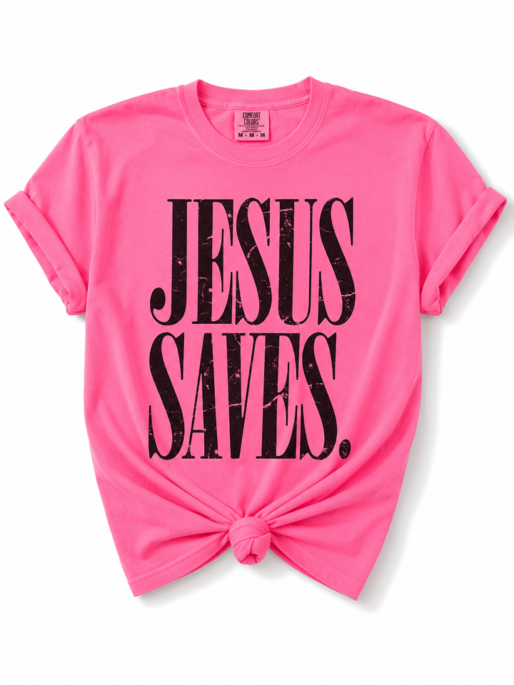 Plus/Reg Short Sleeve Jesus Saves Graphic Tee - Freckled Poppy