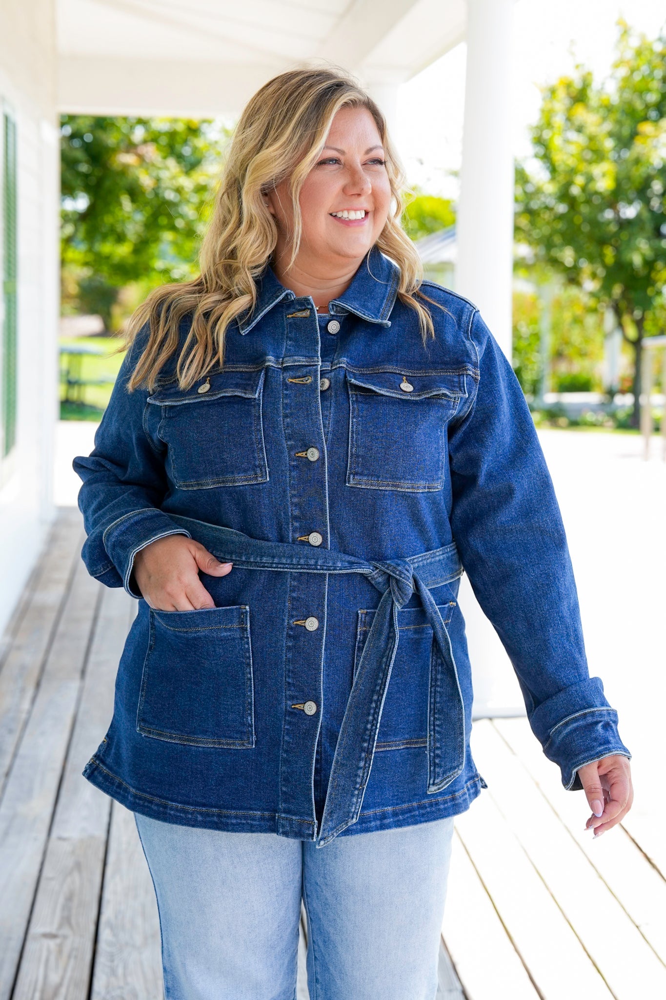 Plus/Reg Judy Blue Dark Denim Button Down Mid Length Utility Jacket