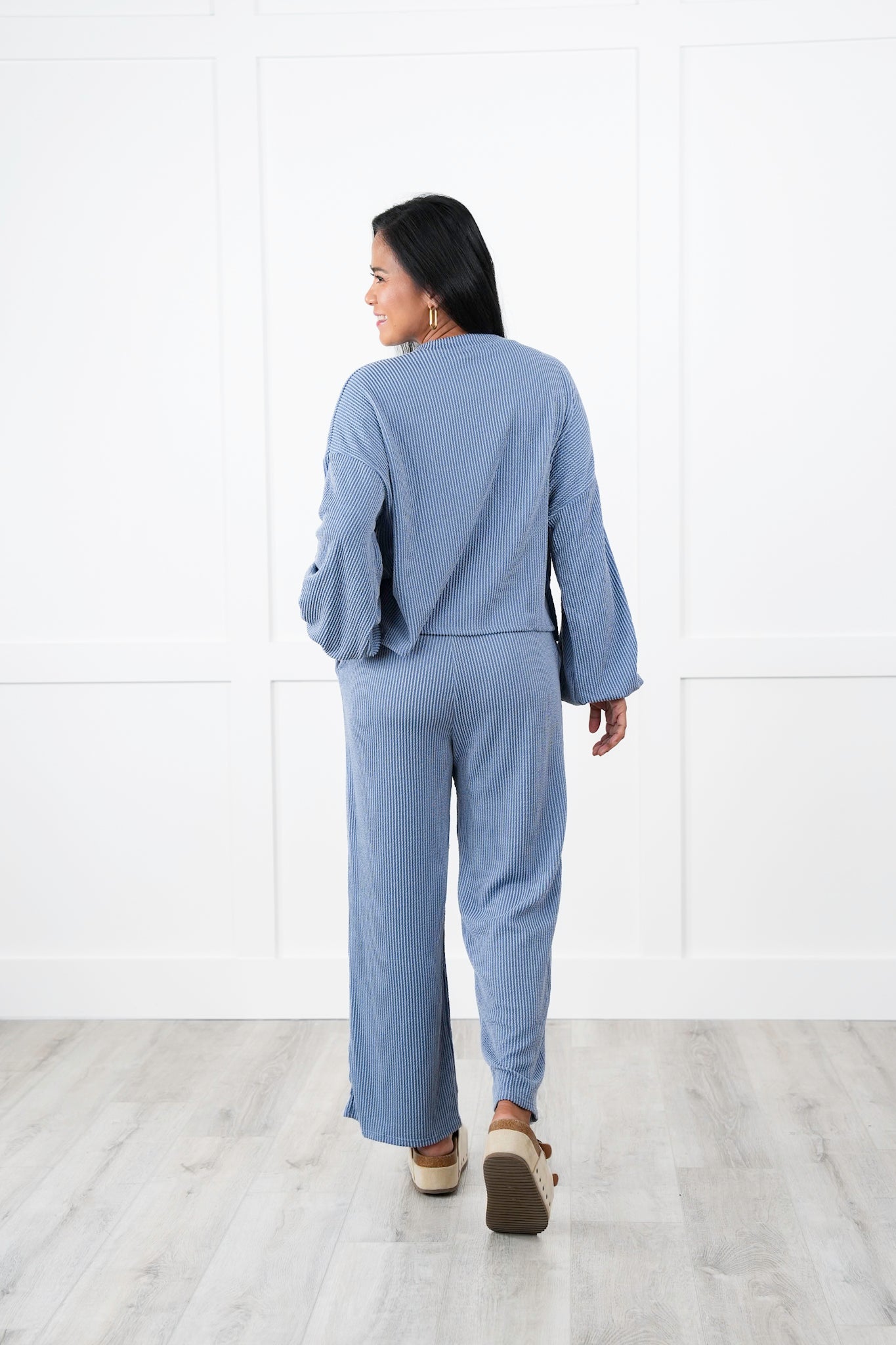 Ribbed Long Sleeve Round Top With Elastic Waistband Lounge Pant Set (Multiple Colors)