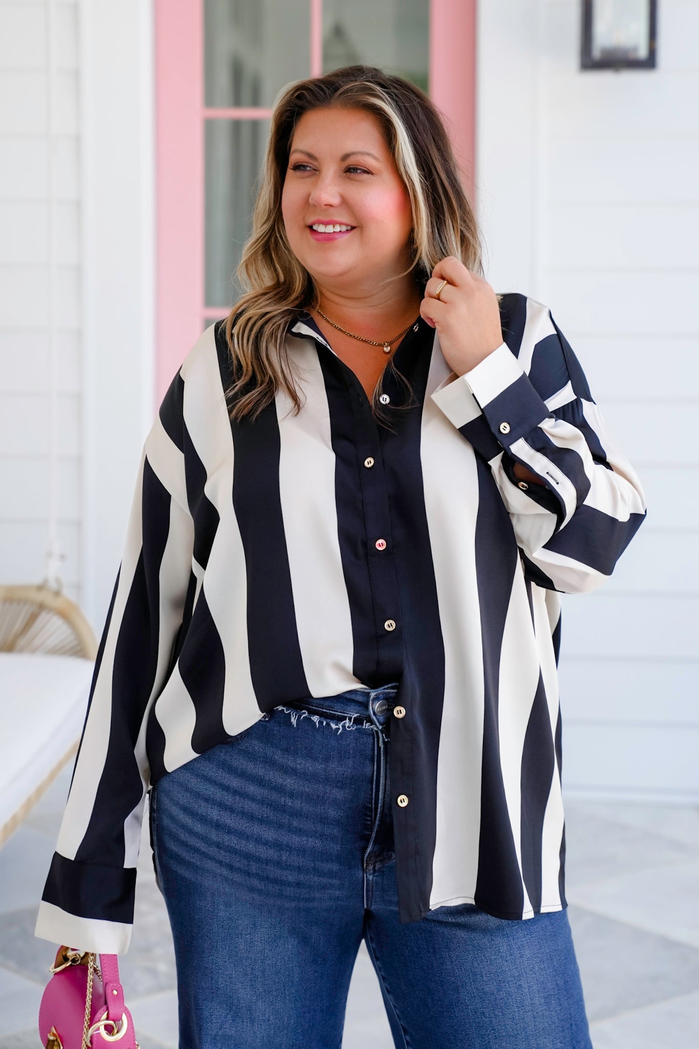 Satin Stripe Long Sleeve Button Down Blouse