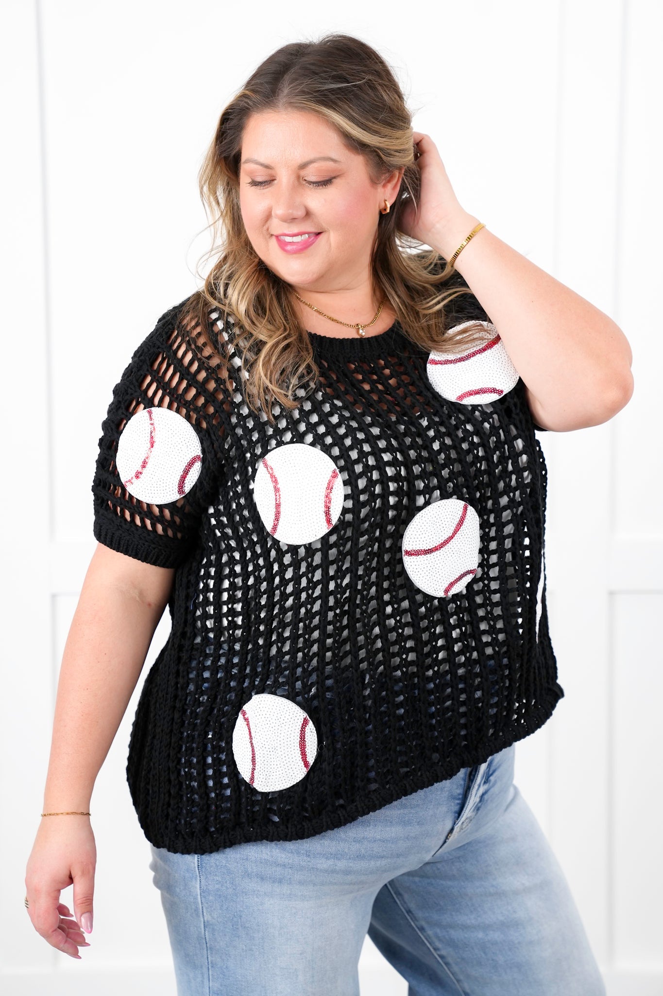 Loose Knit Short Sleeve Sweater with Sequin Baseball Patch Detail