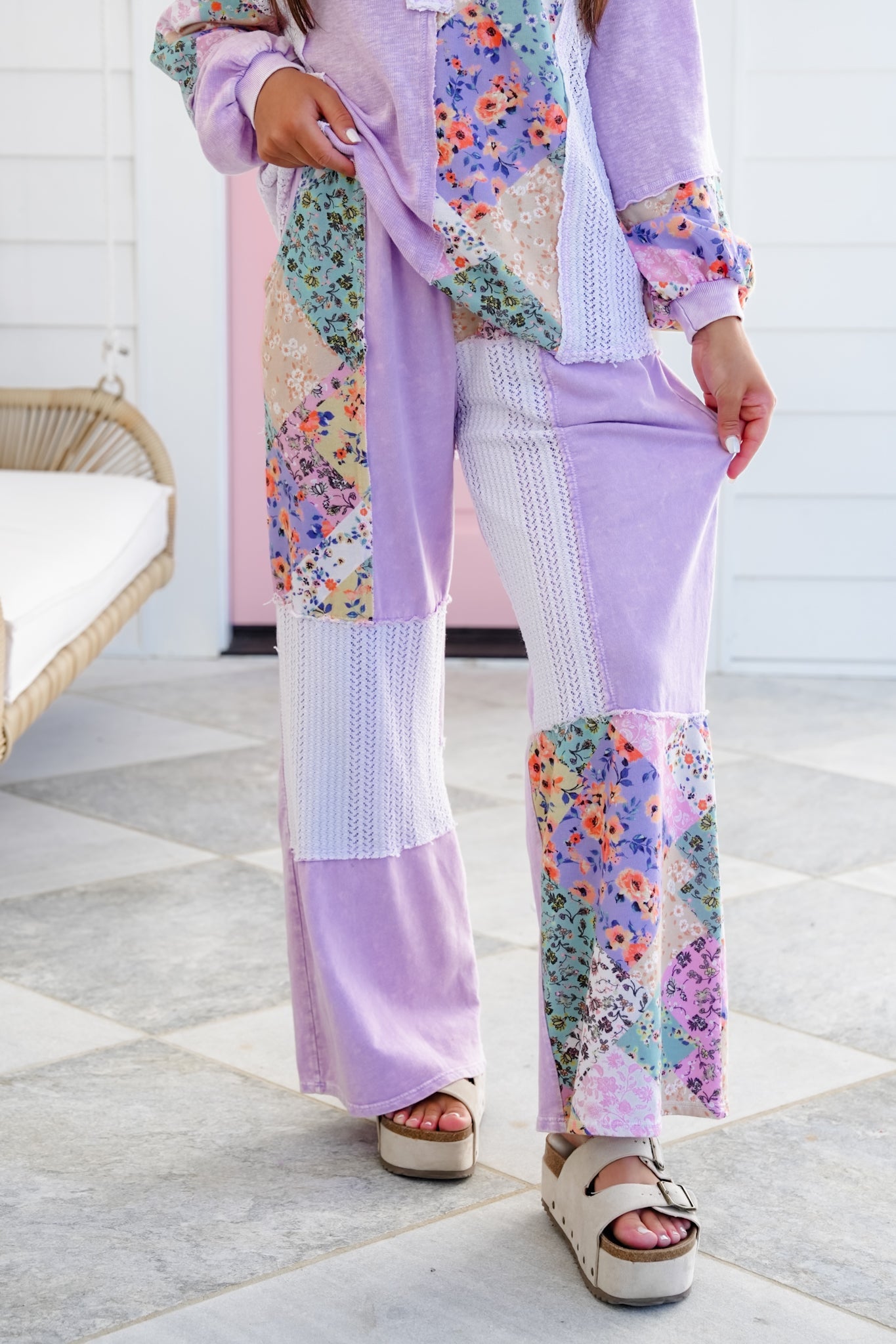 Color Block Floral Elastic Waist Wide Leg Knit Pants with Side Pockets