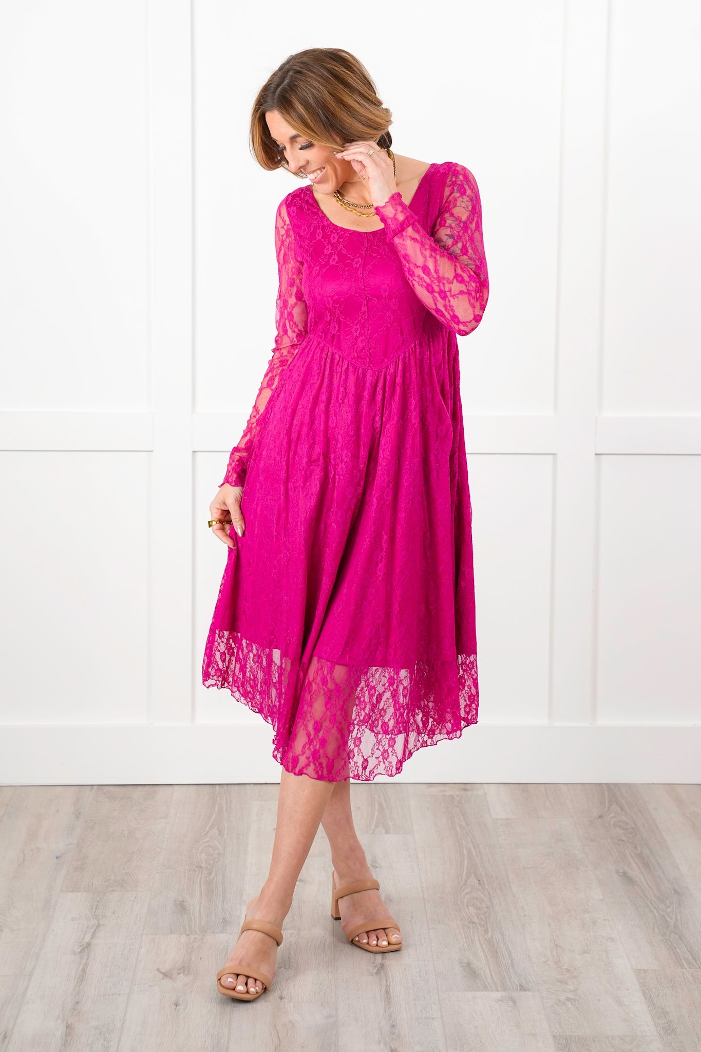 Berry Lace Long Sleeve Layered Maxi Dress