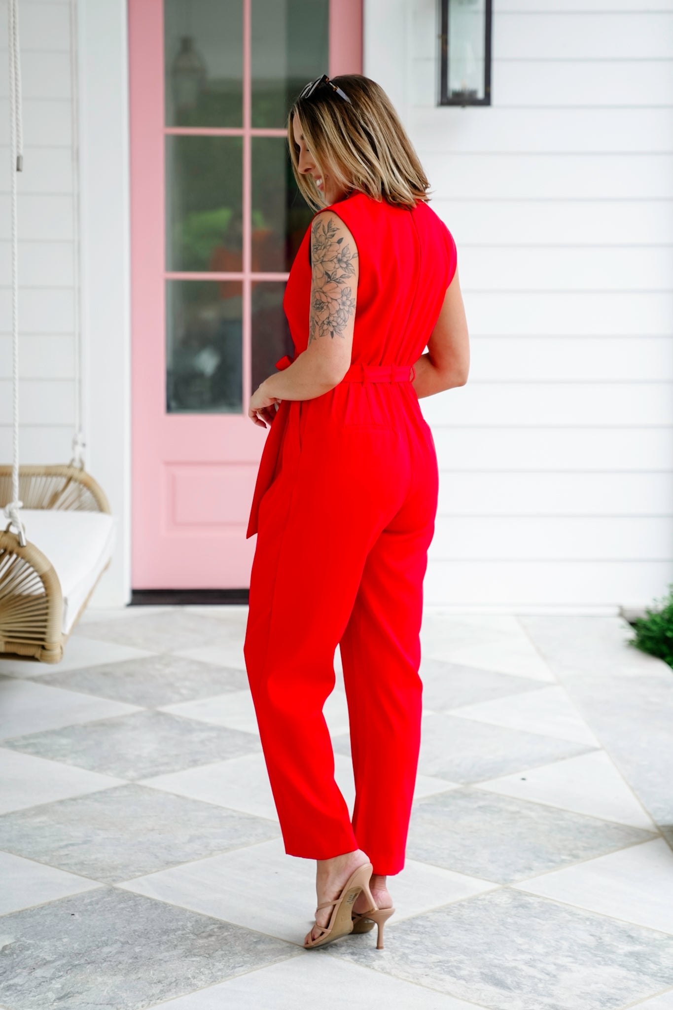Red Sleeveless Blazer Jumpsuit with Side Pockets