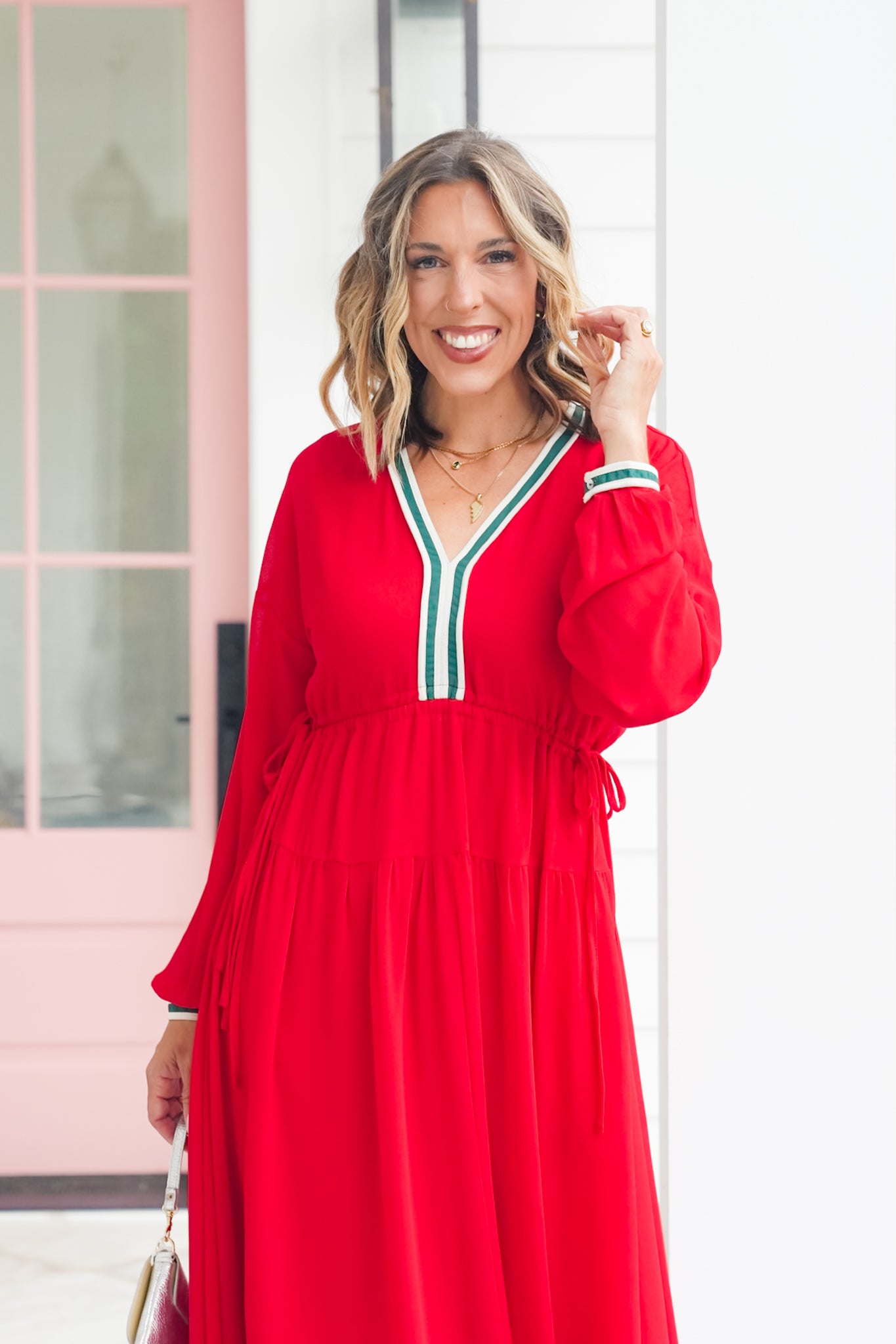 Long Sleeve Drawstring Waist Midi Dress