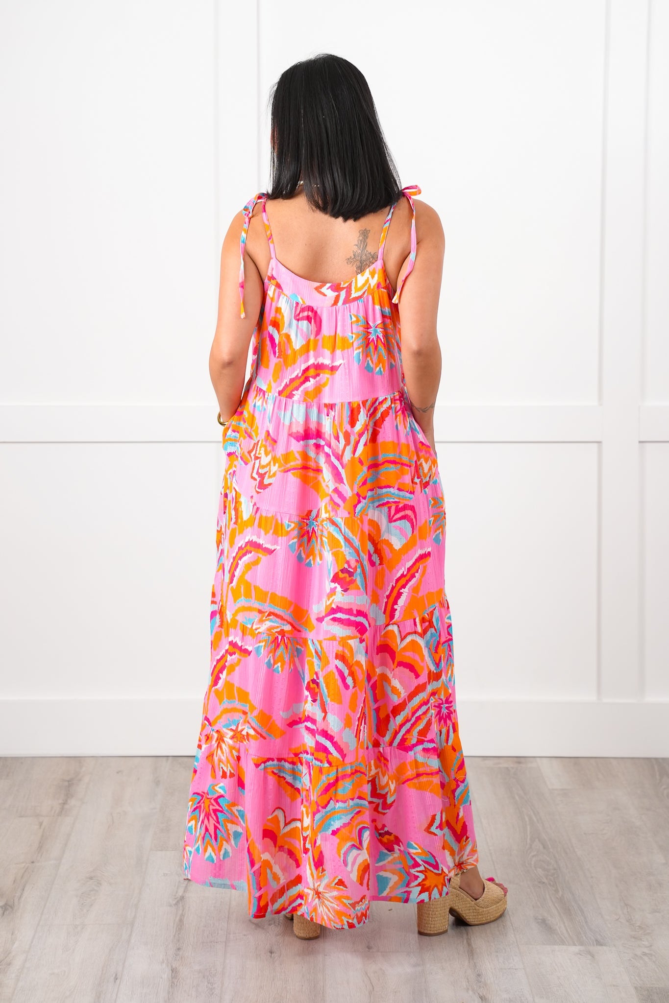 Multi Color Print Sleeveless Tie Shoulder Tiered Ruffle Midi Dress