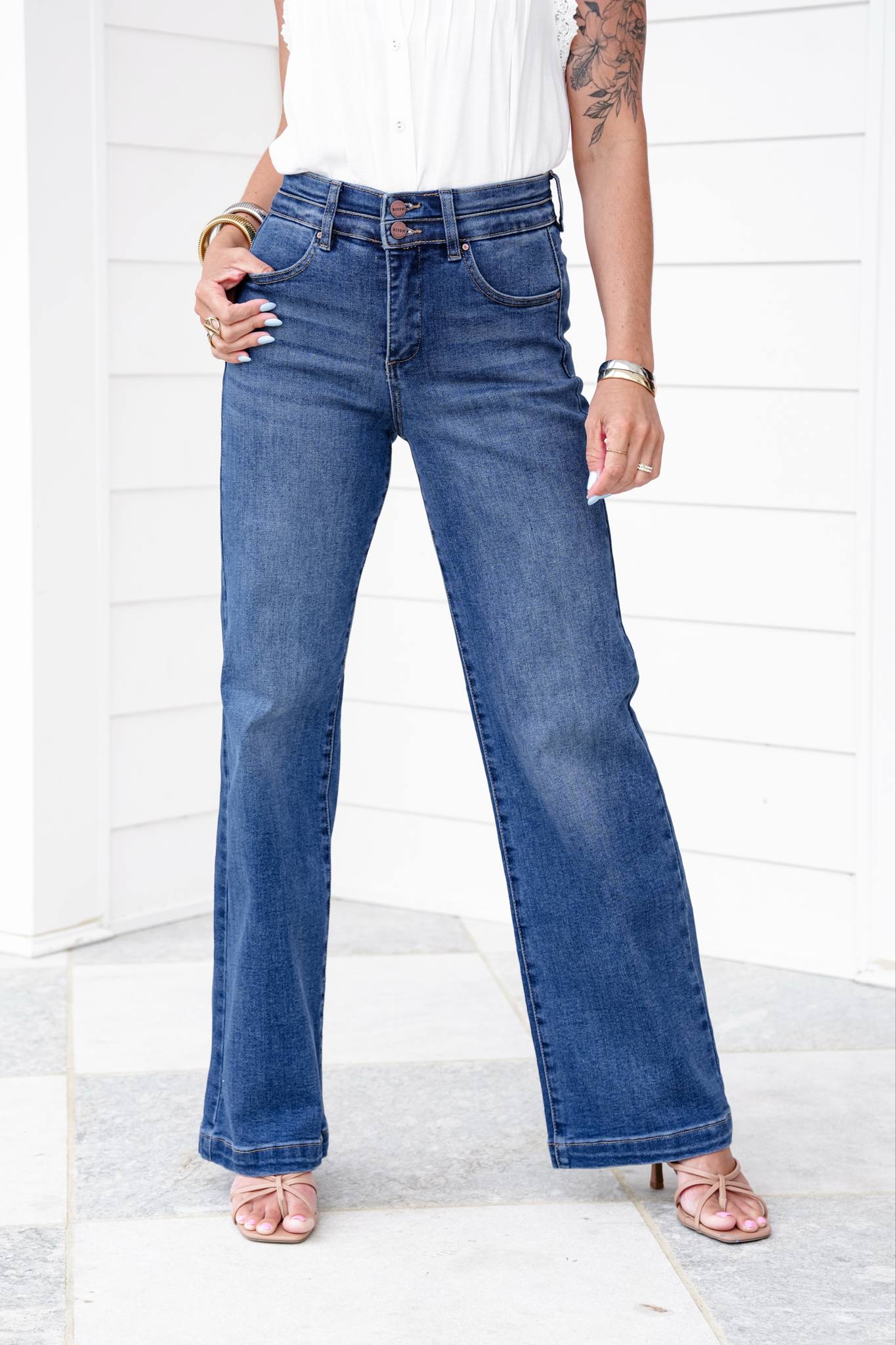 Risen Material Girl High Rise Medium Wash Tummy Control Double Button Elastic Waistband Jeans