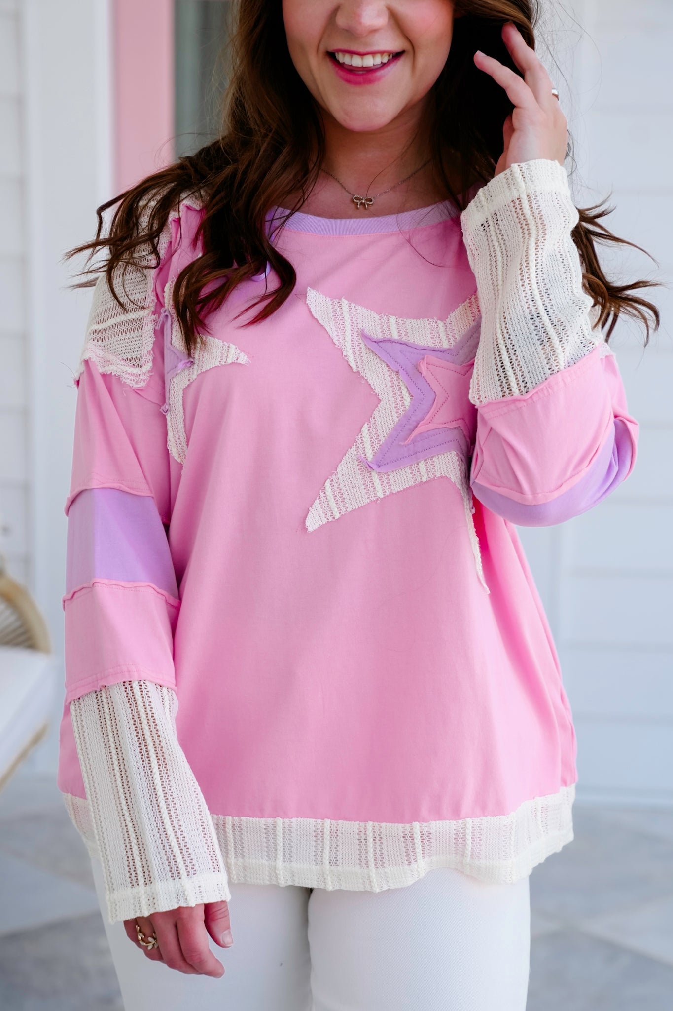 Long Sleeve Round Neck Top with Star Patch Detail