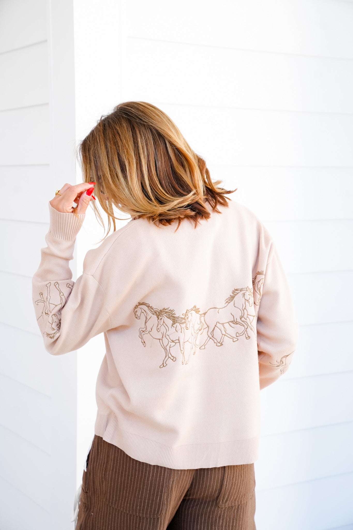 Embroidered Horses Long Sleeve Half-Zip Pullover Sweater