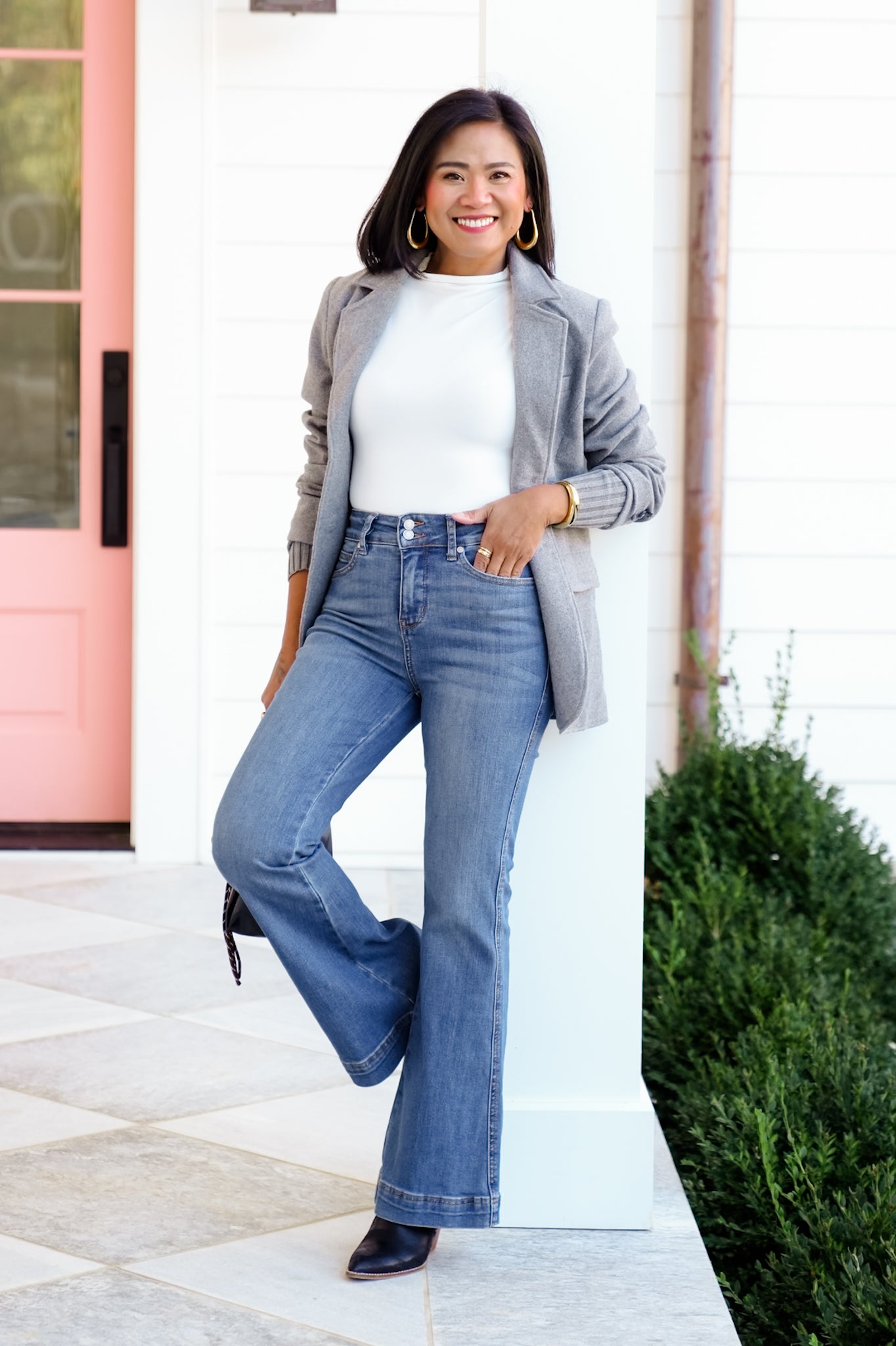 Judy Blue PETITE High Rise Medium Wash Tummy Control Flare Jeans with Double Button Waistband