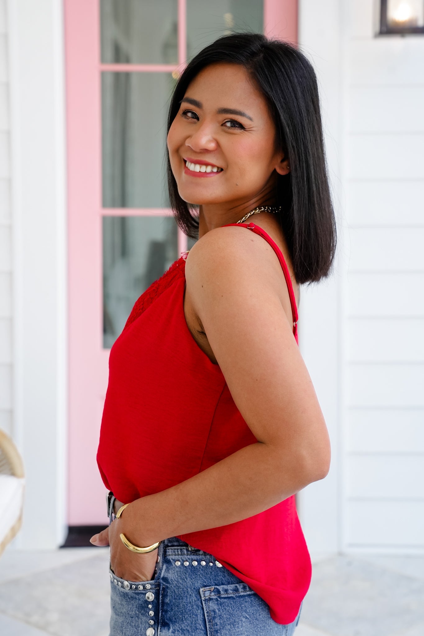 Textured V Neck Camisole Top with Lace Detail