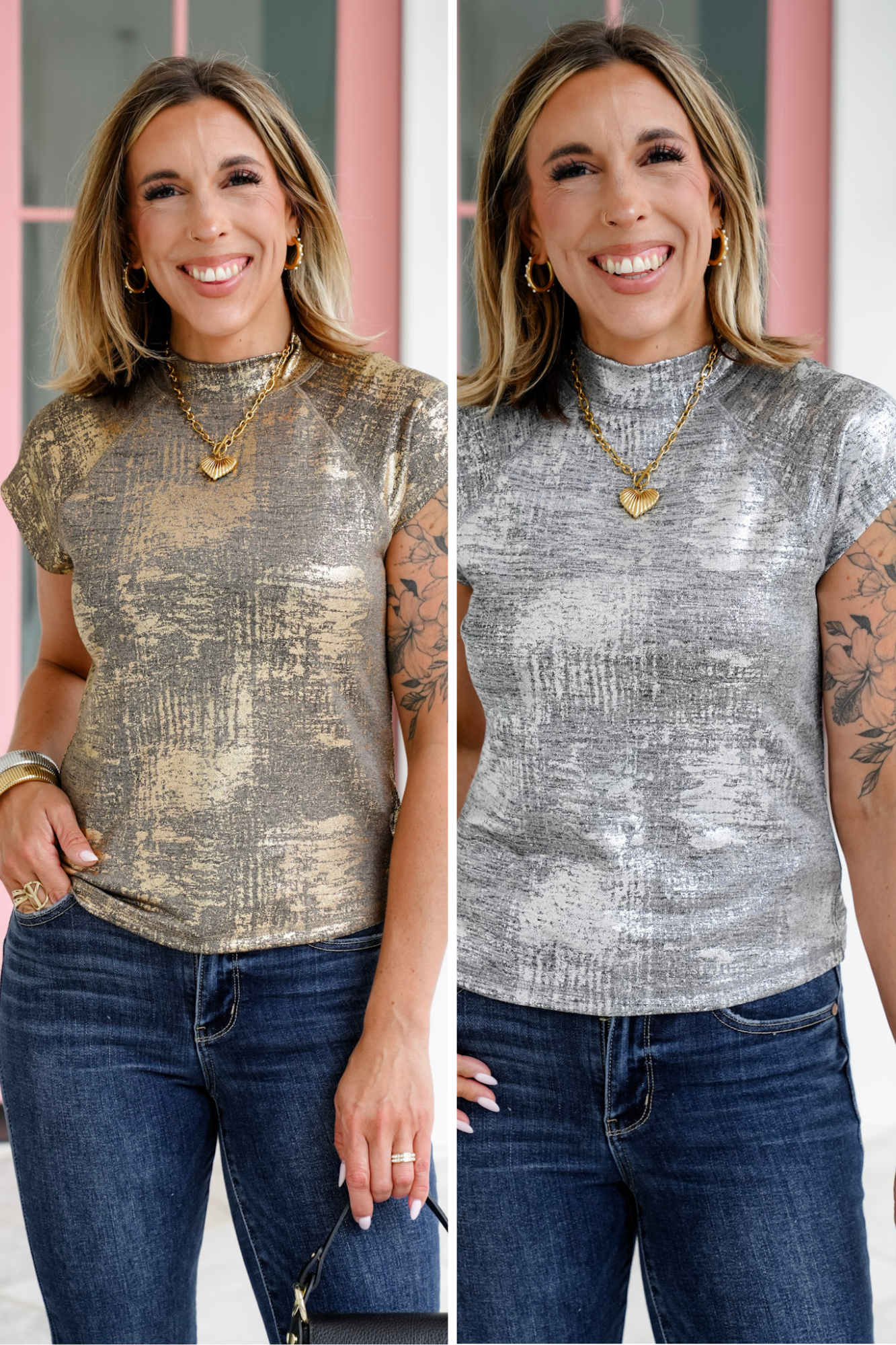 Metallic Cap Sleeve Mock Neck Top