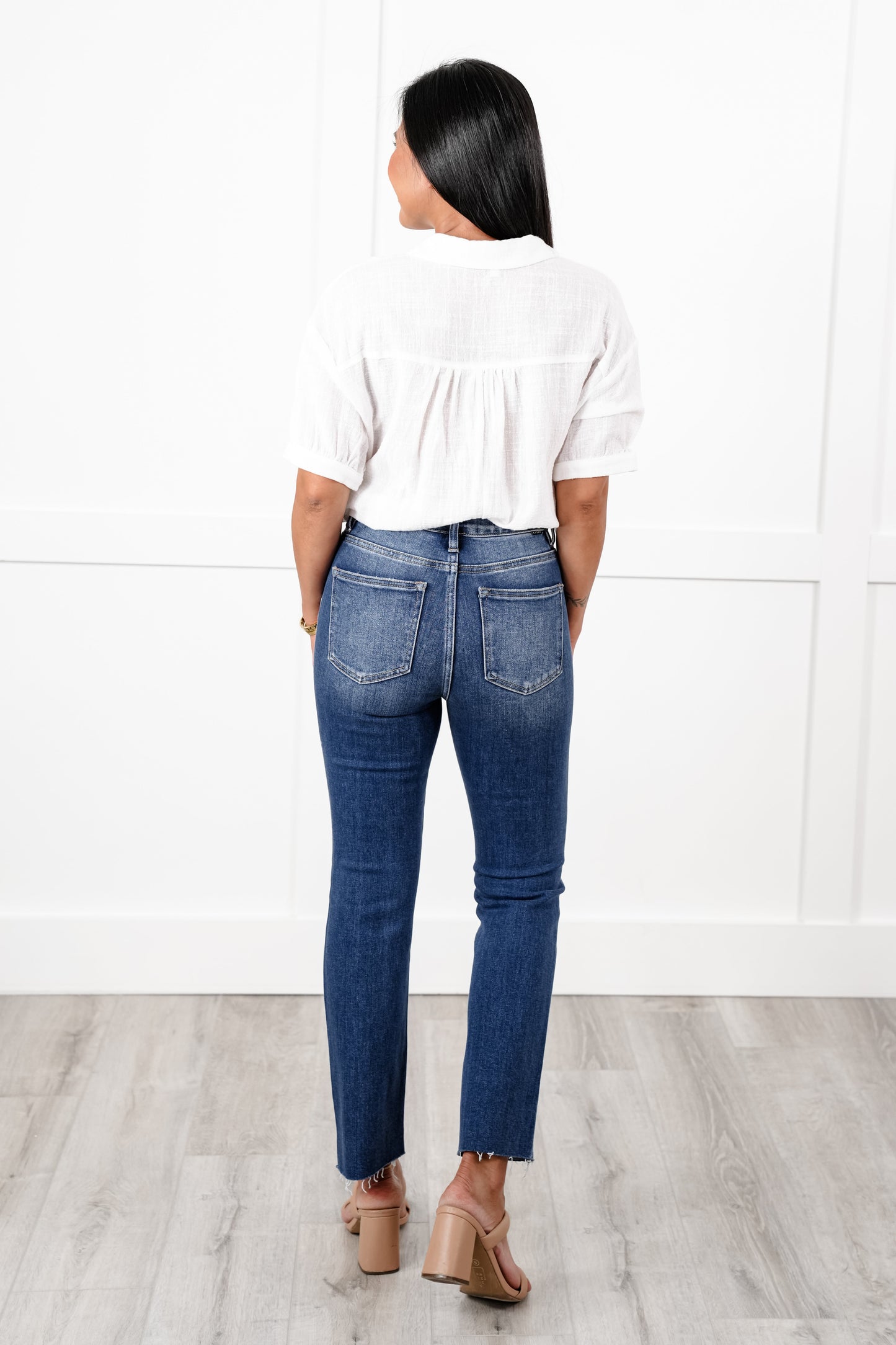 Risen High Rise Dark Wash Distressed Button Fly Straight Cropped Leg Jeans