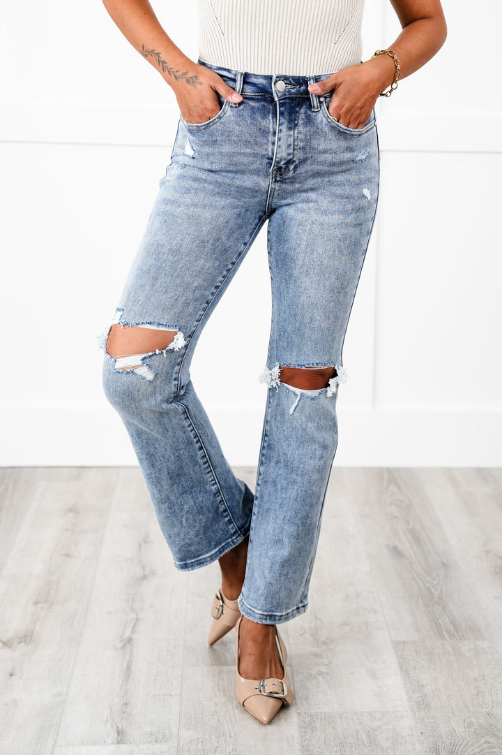 Risen Dressed to Impress High Rise Medium Wash Distressed Knee Ankle Flare Jeans