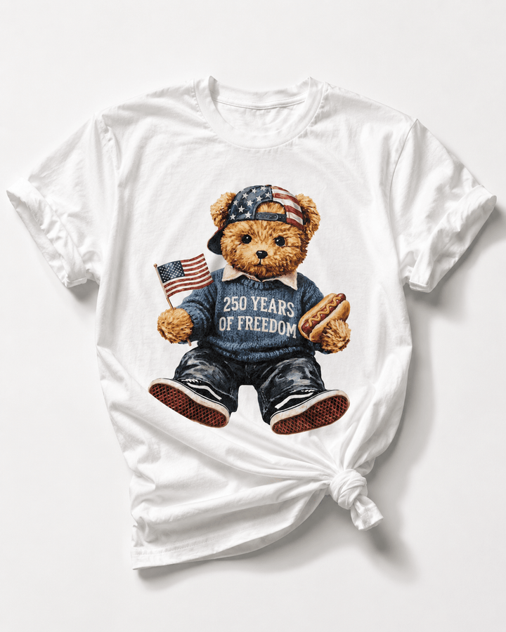 Plus/Reg Short Sleeve "250 Years Of Freedom Teddy Bear" Graphic Tee - Freckled Poppy