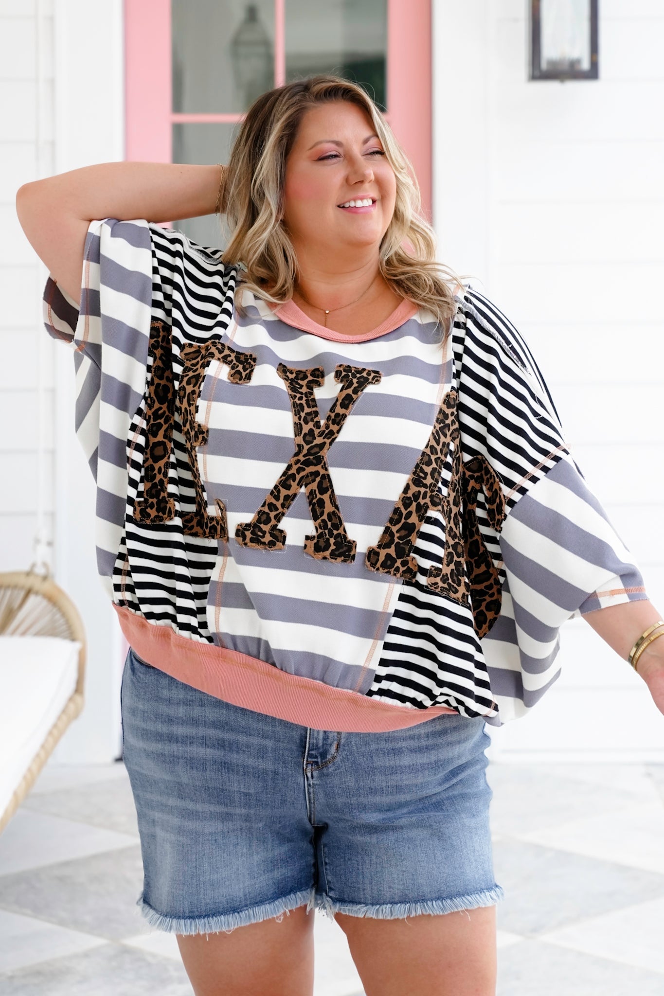 Stripe Short Dolman Sleeve "Texas" Leopard Patchwork Top