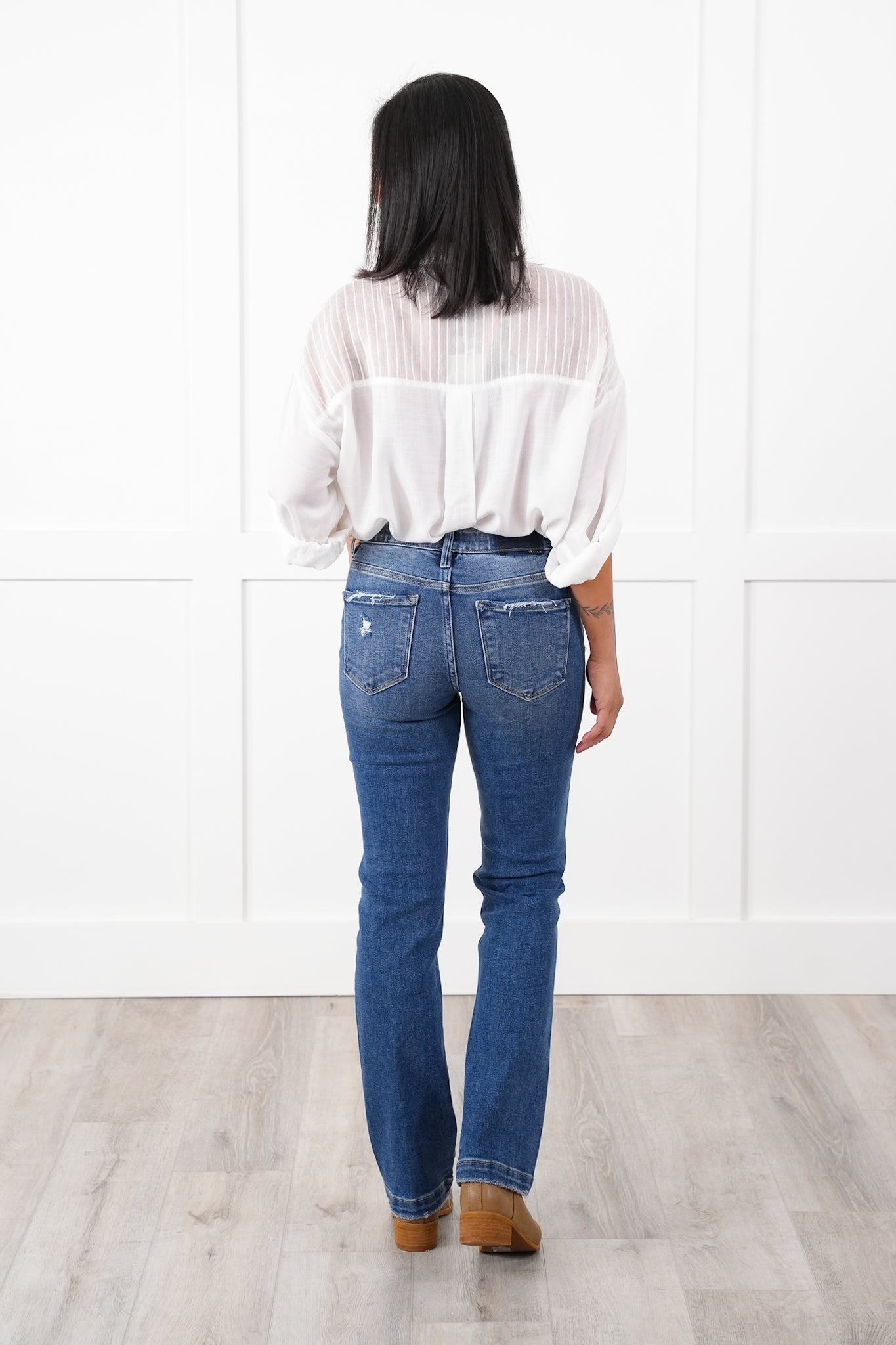 Risen Mid Rise Medium Wash Tummy Control Elastic Waistband Straight Leg Jeans