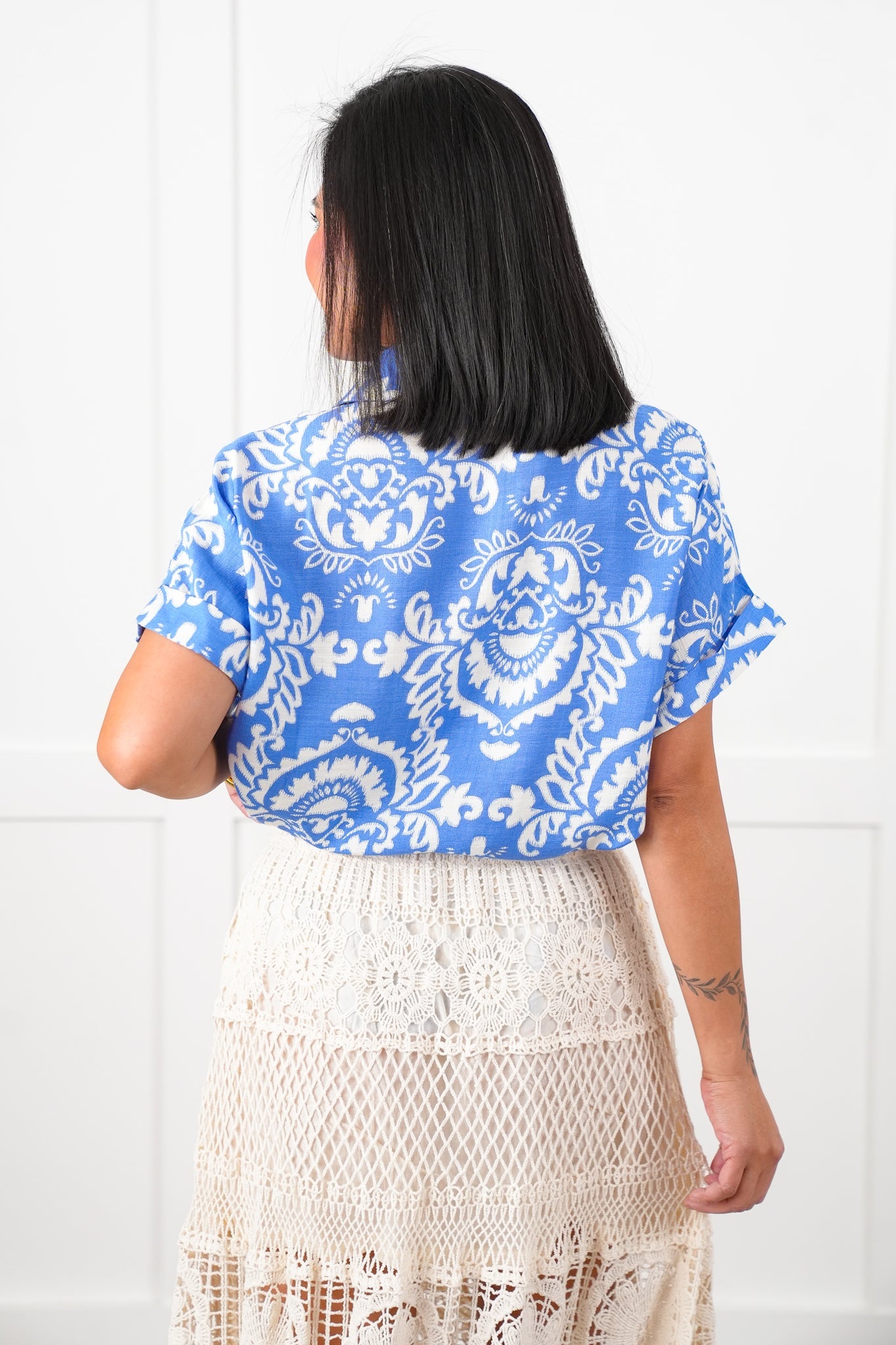 Blue Geometric Print Short Sleeve Button Down Top