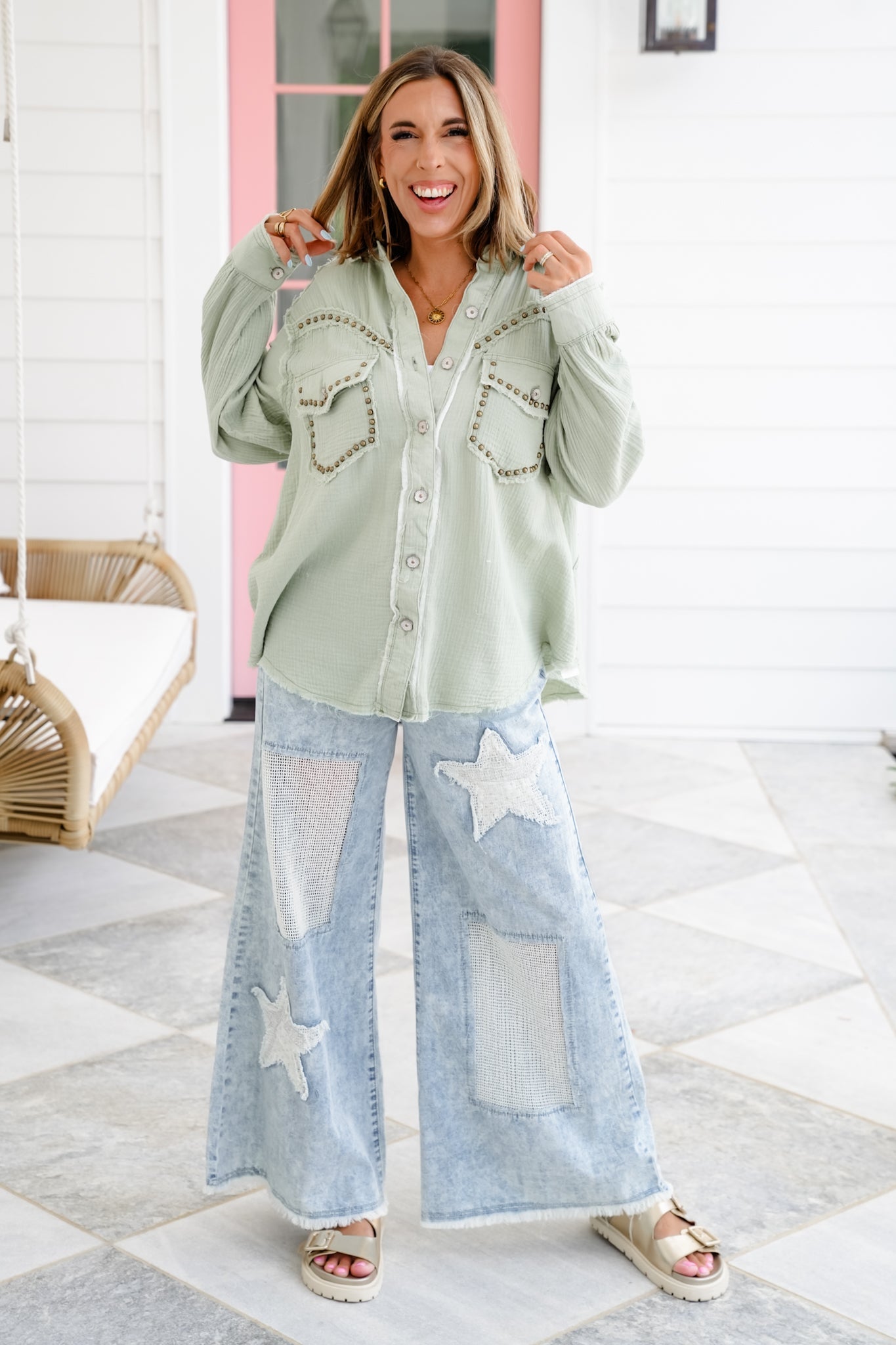 POL Gauze Long Sleeve Button Down Shacket with Stud Detail - More Colors!