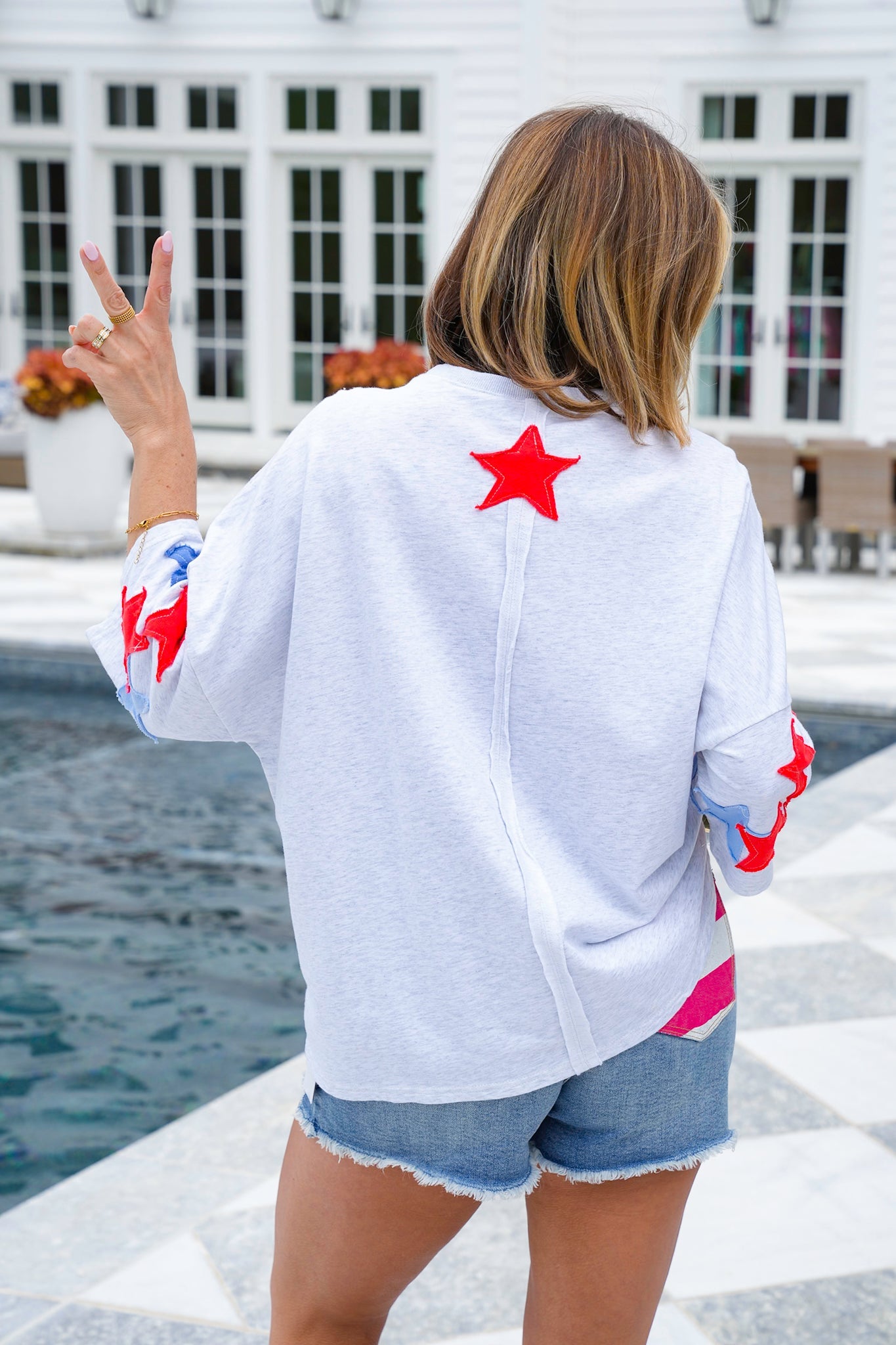 Restock! Plus/Reg Knit 3/4 Sleeve Pullover Top with Star Patch Detail