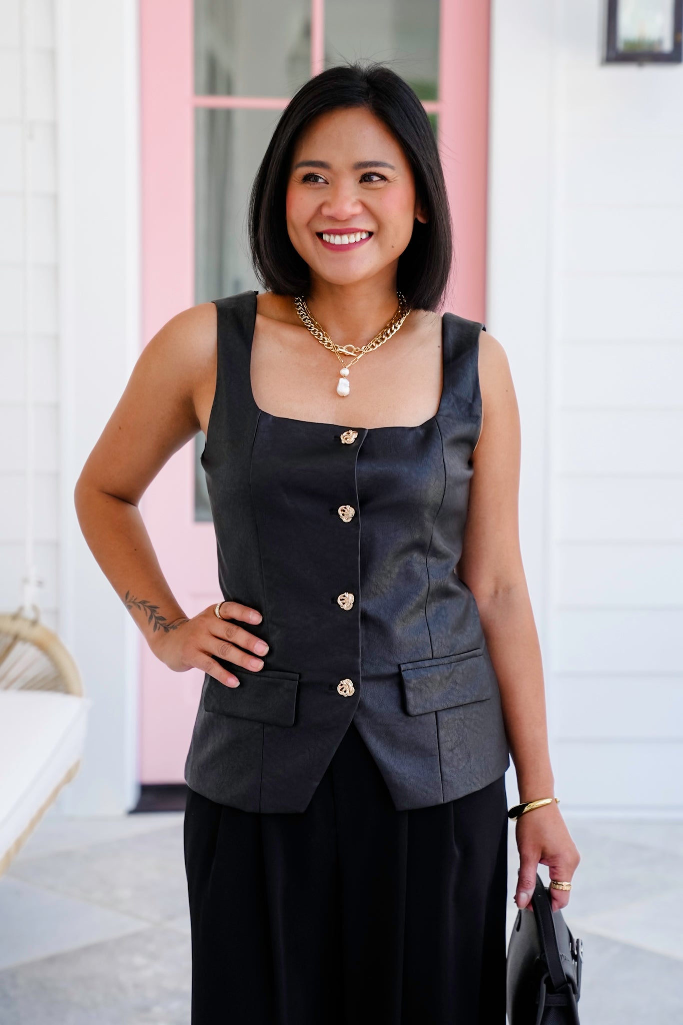 Black Vegan Leather Square Neck Button Down Vest
