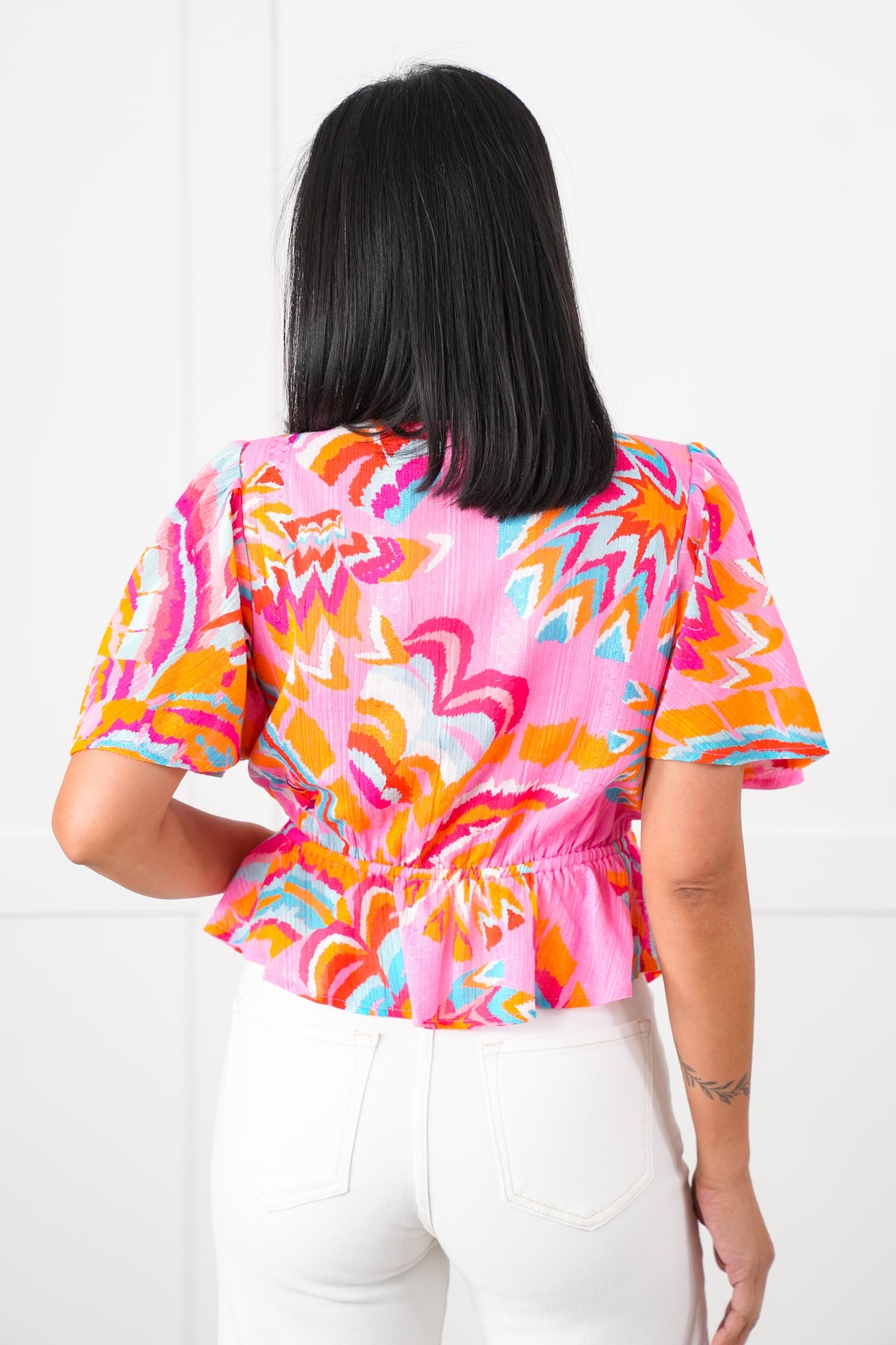 Multi Color Print Short Sleeve V Neck Flutter Top
