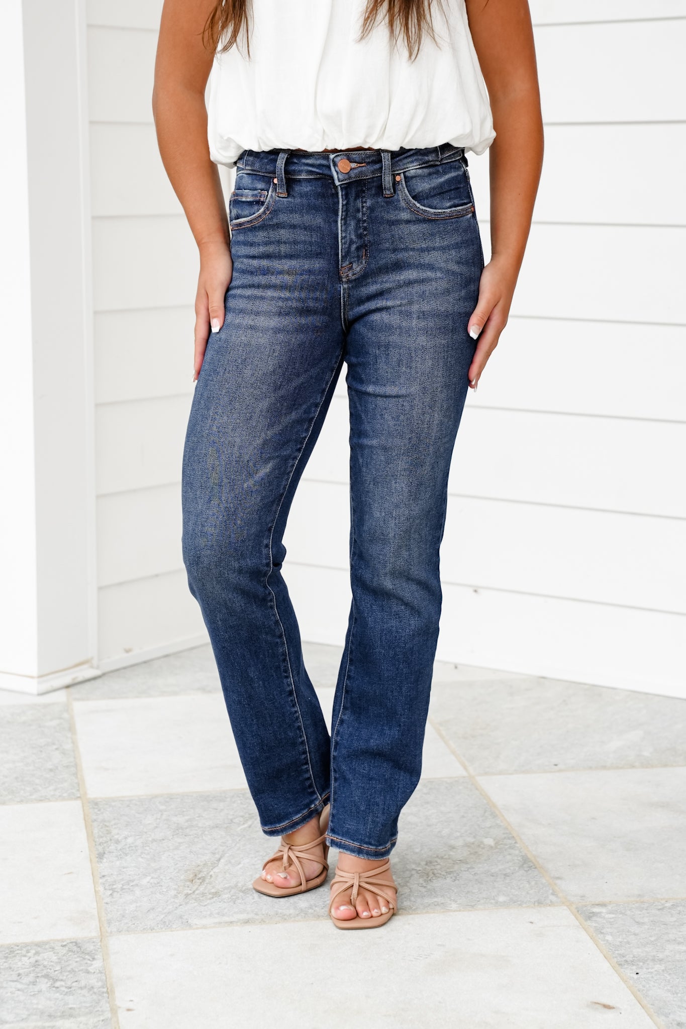 Risen The One and Only High Rise Dark Wash Tummy Control Straight Leg Jeans with Adjustable Waistband