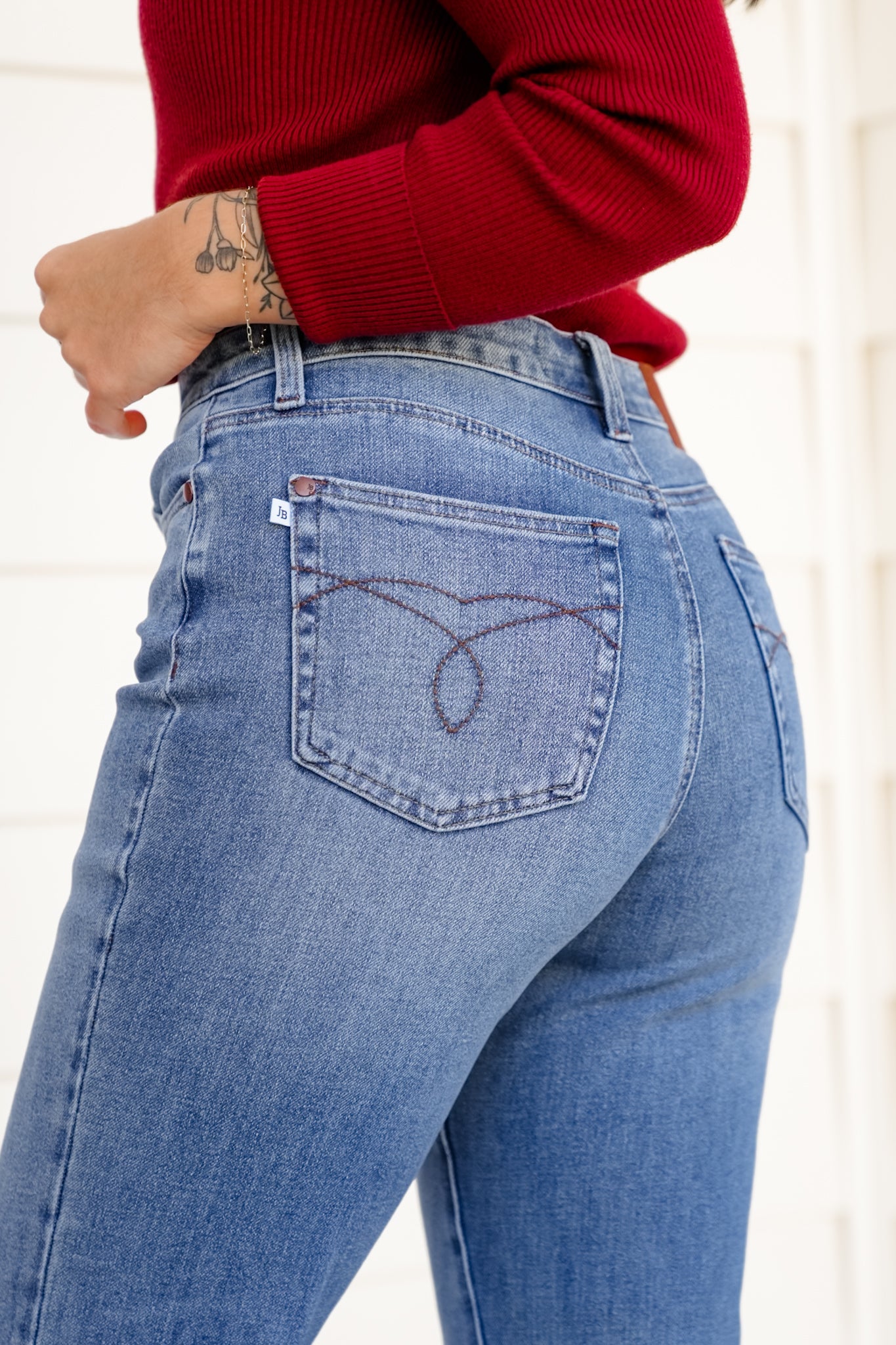 Judy Blue High Rise Medium Wash Distressed Criss-Cross Cuffed Boyfriend Jeans
