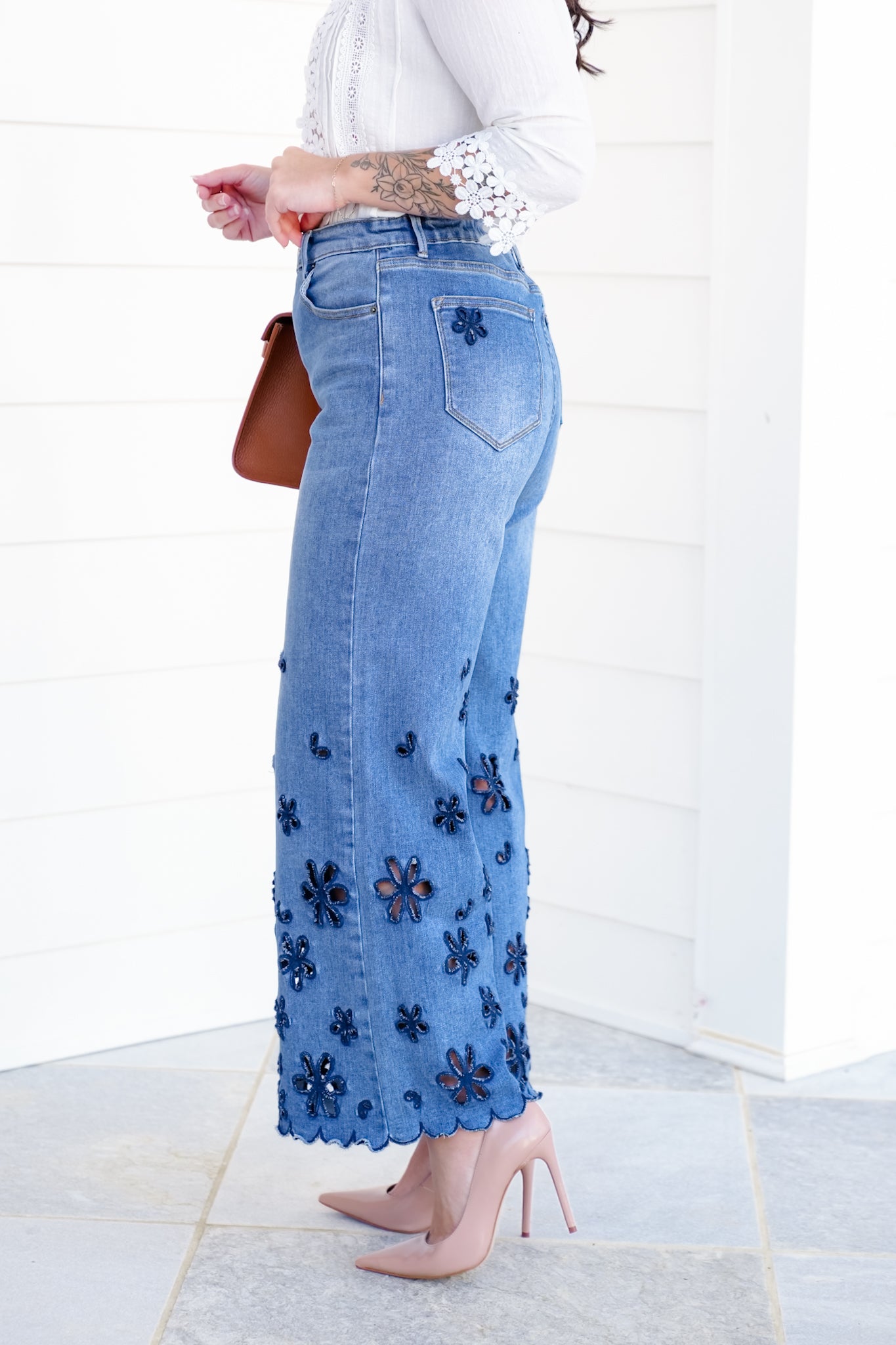 The Bluebelle Wide Leg Relax Fit Jeans with Floral Cutout
